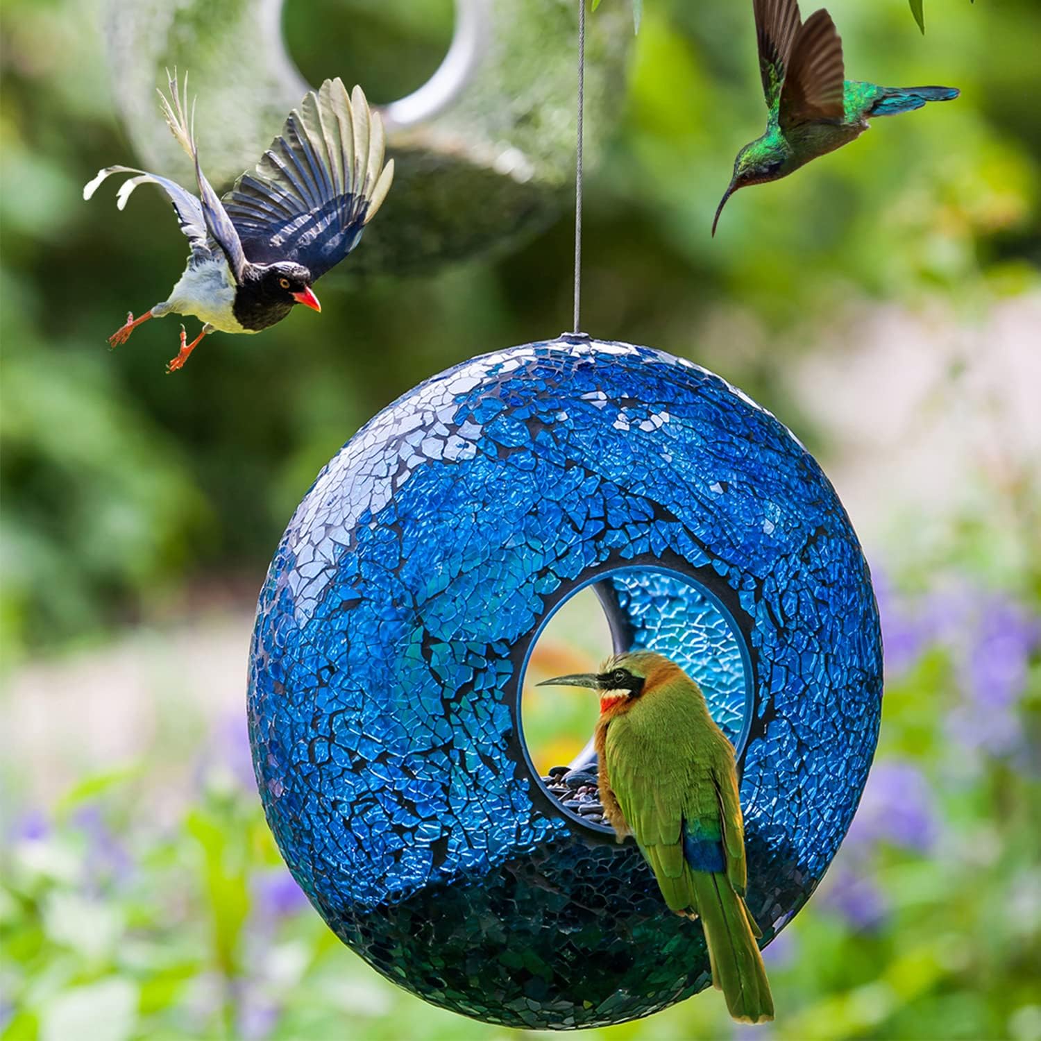 Topadorn Bird Feeder Fly Through Mosaic Round Stained-Glass Birdfeeder