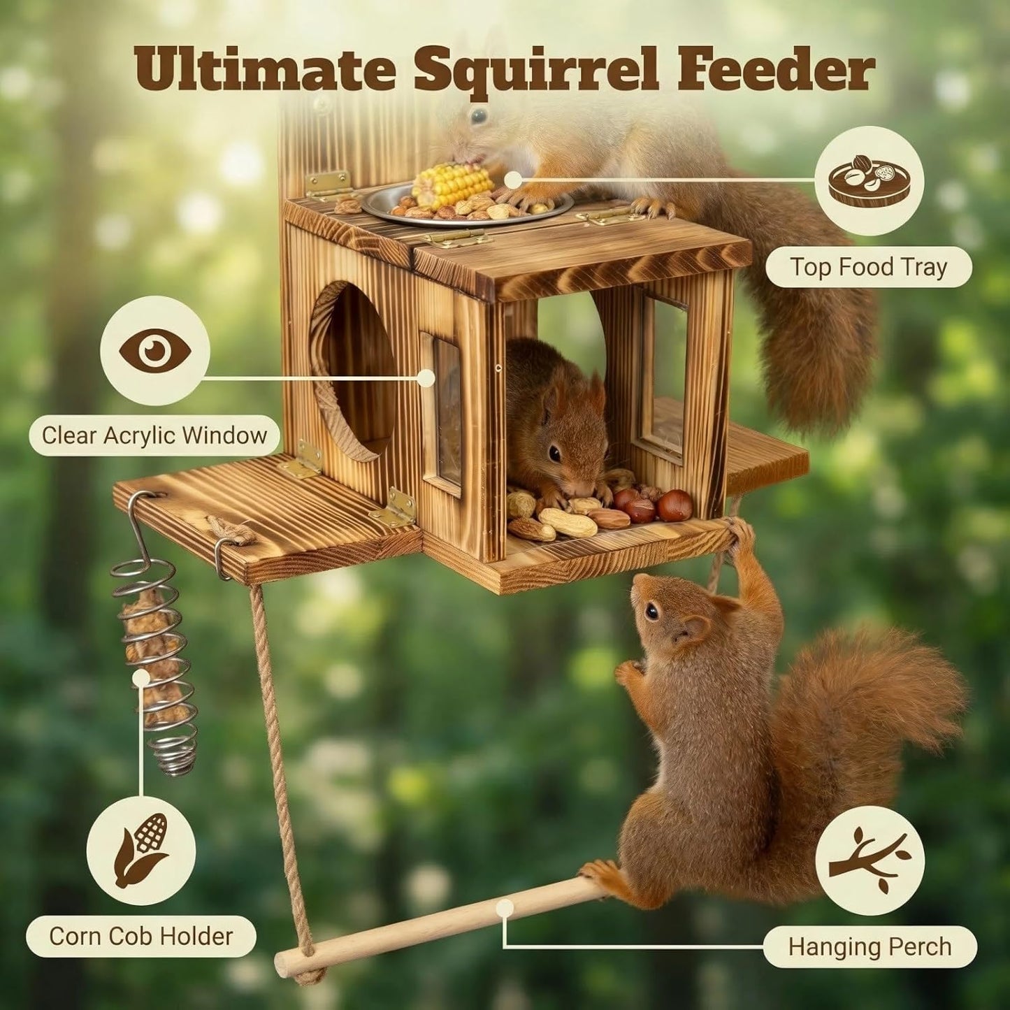 Squirrel House for Outside with Food Storage Box, Wooden Squirrels Nes