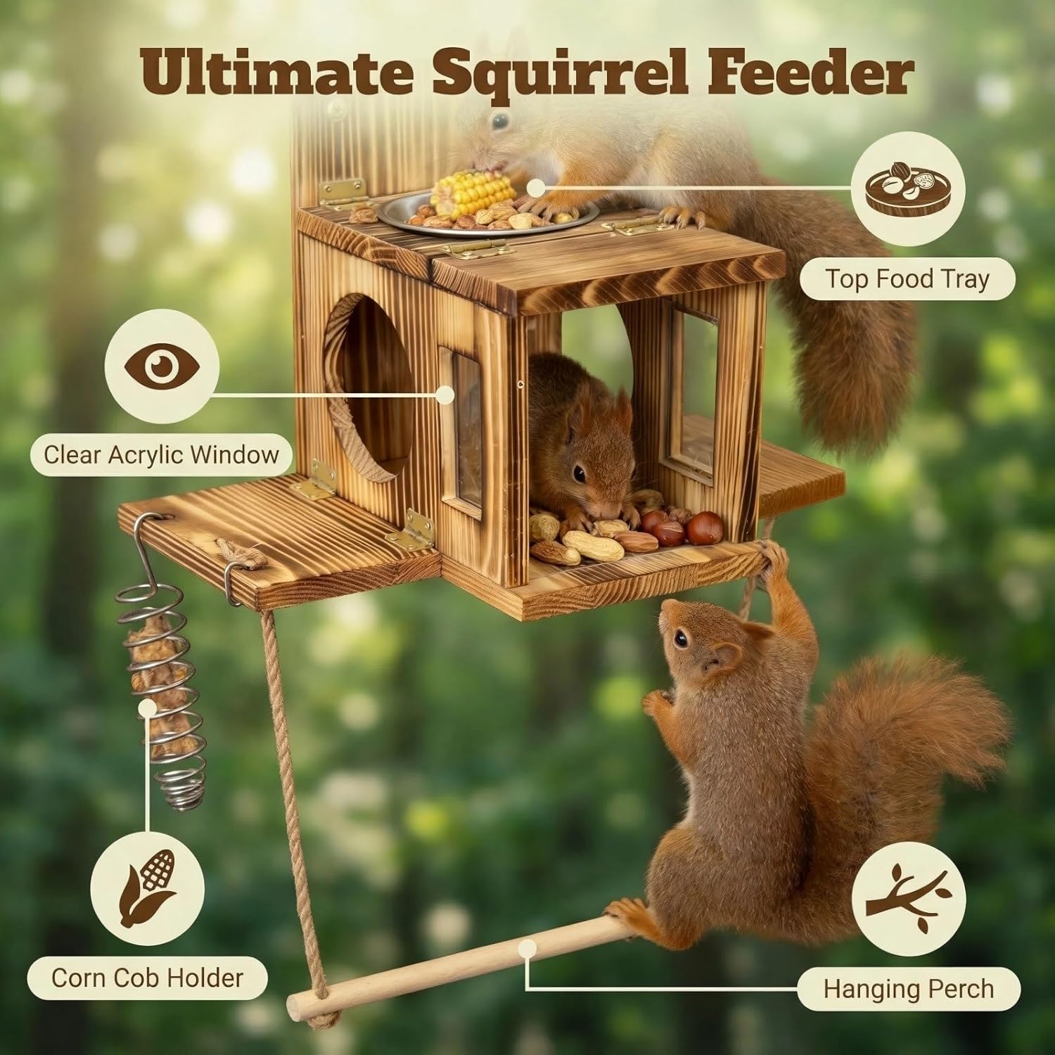 Squirrel House for Outside with Food Storage Box, Wooden Squirrels Nes