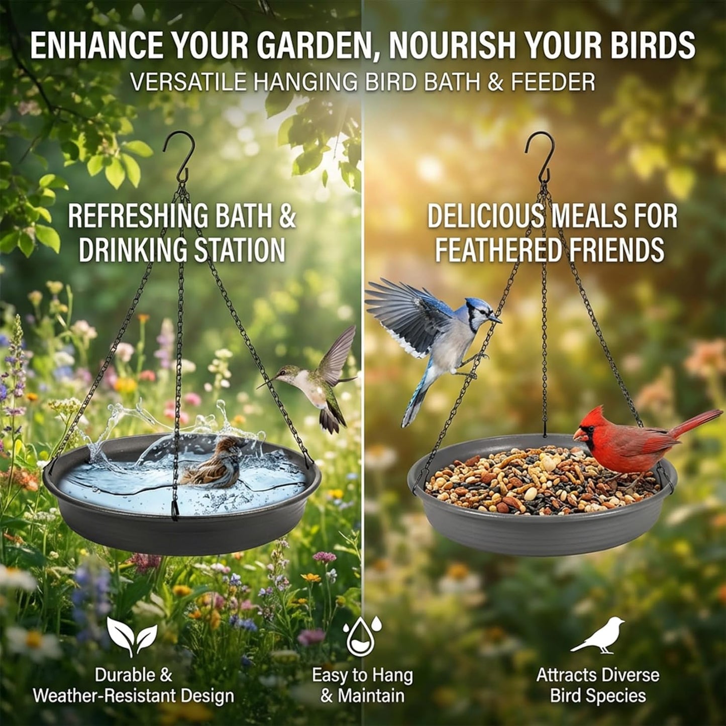 Hanging Bird Bath Bird Feeder - Bird Bath for Outside Outdoors Hanging with Tray Bowl Water Feeder, Garden Bird Bath 2-in-1 Bird Feeder Bath, Durable PP Bird Bath Bowl for Garden Patio Backyard Decor