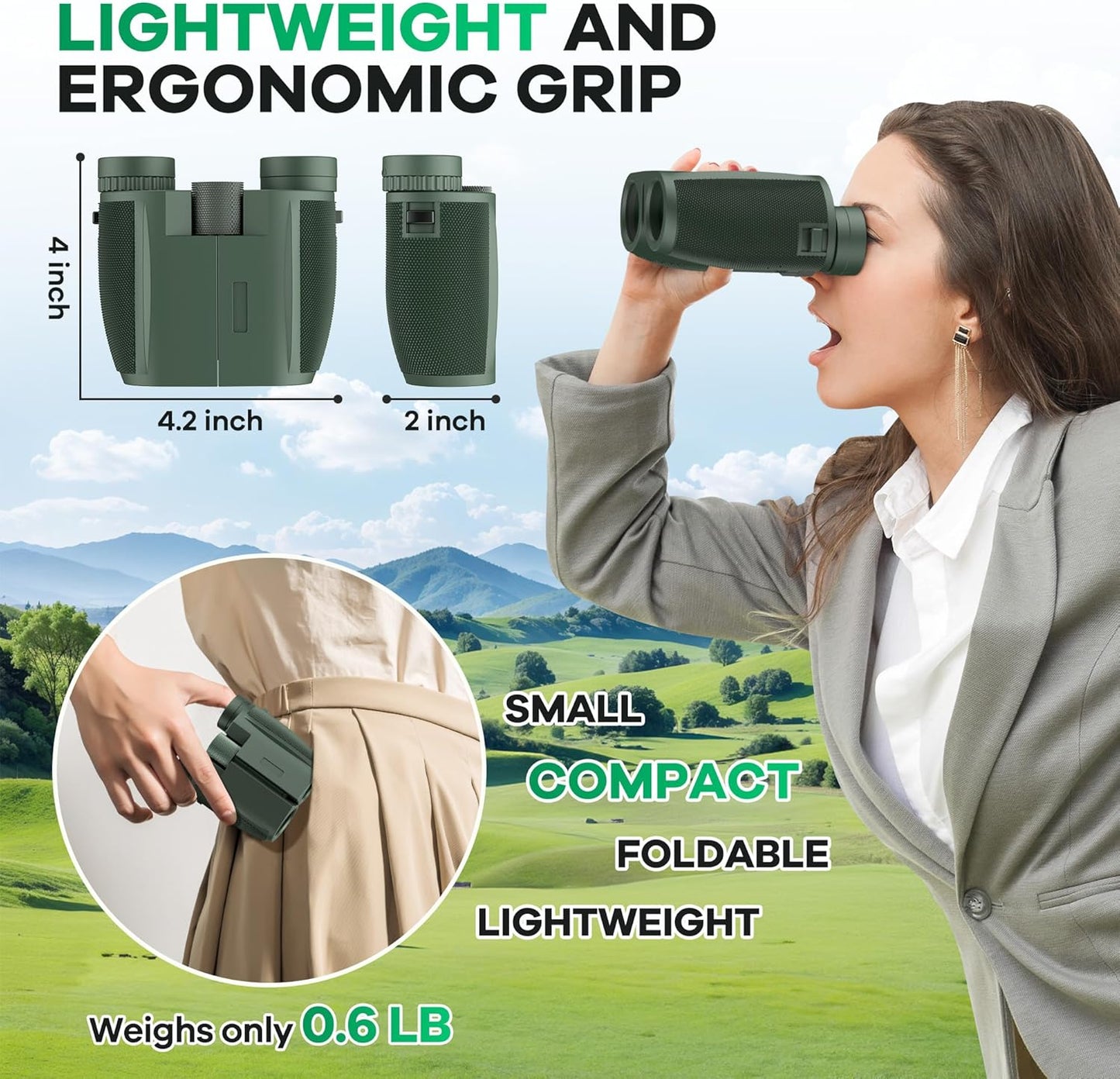 Leacco 10x25 Compact Binoculars for Adults and Kids, Large View Waterproof Small Binoculars with Low Light Vision BAK4 Prism FMC Lens for Cruise Ship Bird Watching Travel Hunting, Military Green