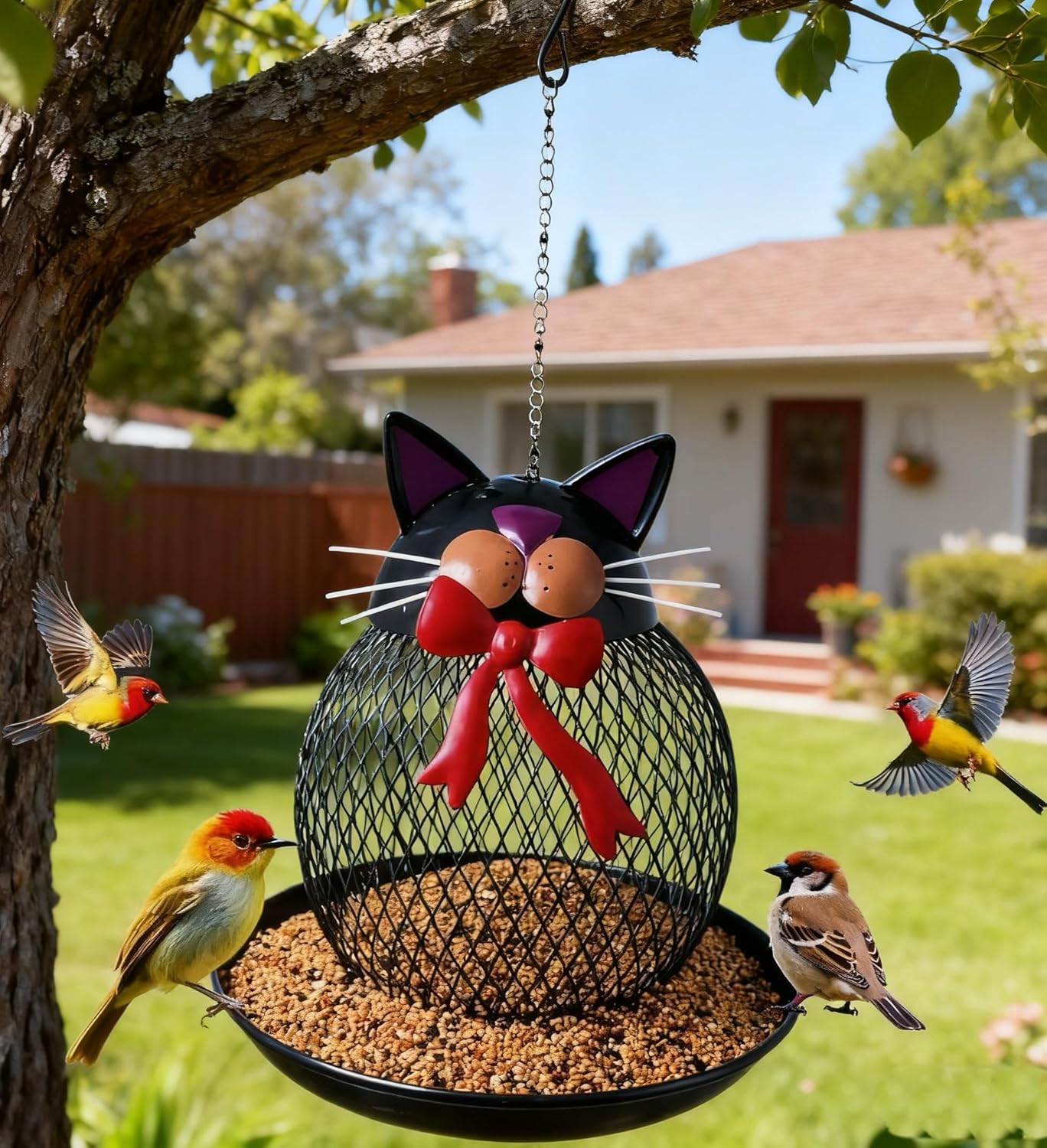 Upgraded Outdoor Bird Feeder, Squirrel-Proof Metal Wild Bird Feeder, Hanging Design, Perfect for Garden & Yard Decor, Cute Cat Shape