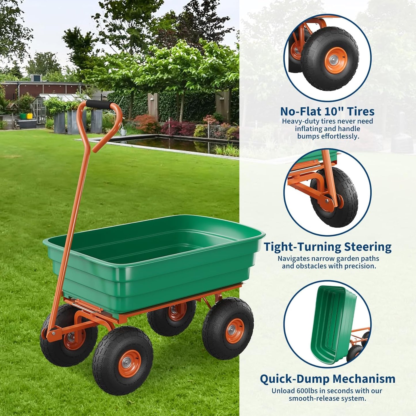 Poly Dump Cart, 4 Cu.Ft. Heavy Duty 600 LBS Garden Cart, 10" No-Flat Tires & 180° Rotating Handle, Rust-Proof Polyethylene Yard Dump Wagon for Yard, Landscaping, Gardening, Quick Release