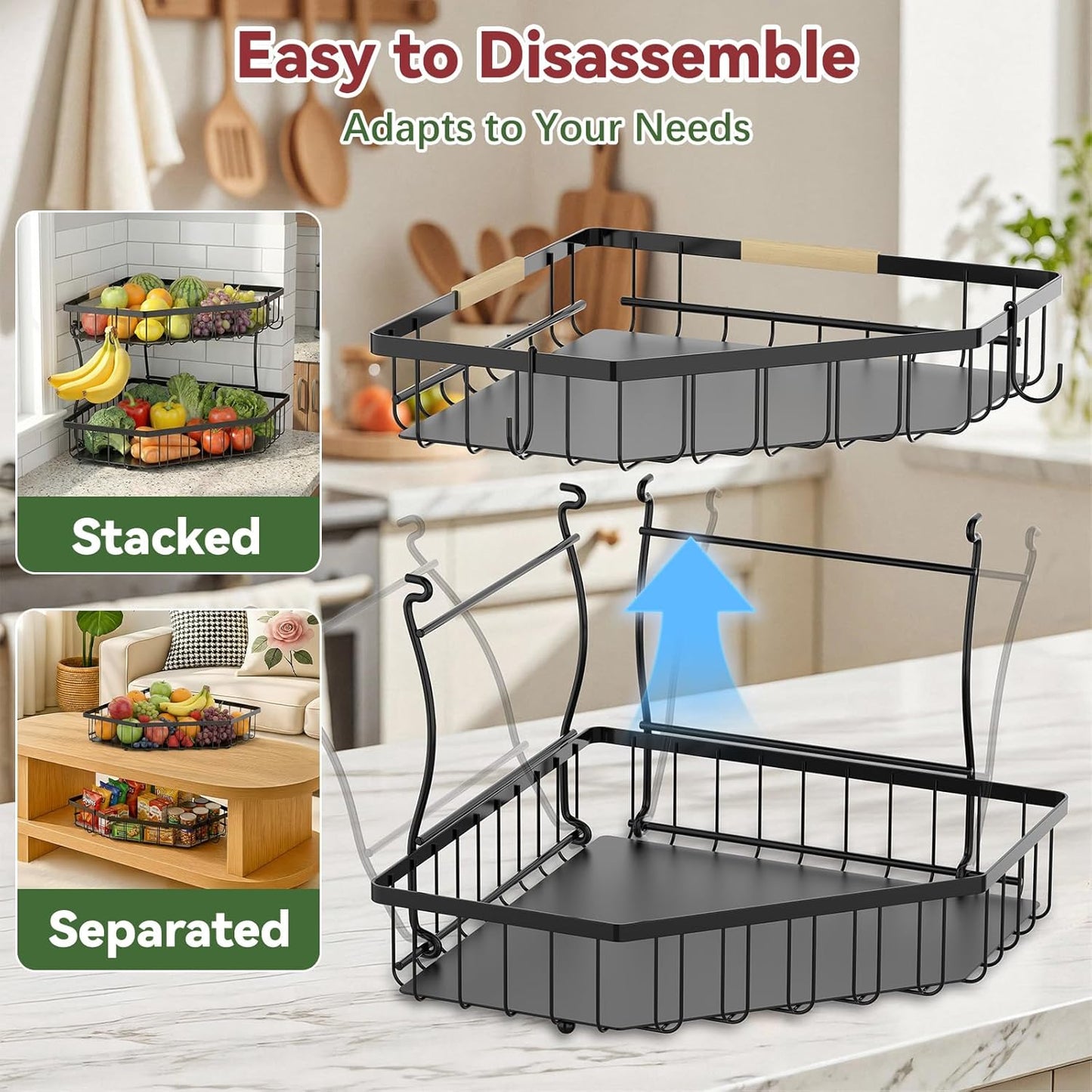 2 Tier Fruit Basket for Kitchen Counter - Detachable Metal Fruit Bowl with 2 Banana Hangers for Corner , Large Capacity Fruit Stand with Wooden Handle for Bread Fruit and Vegetable Storage