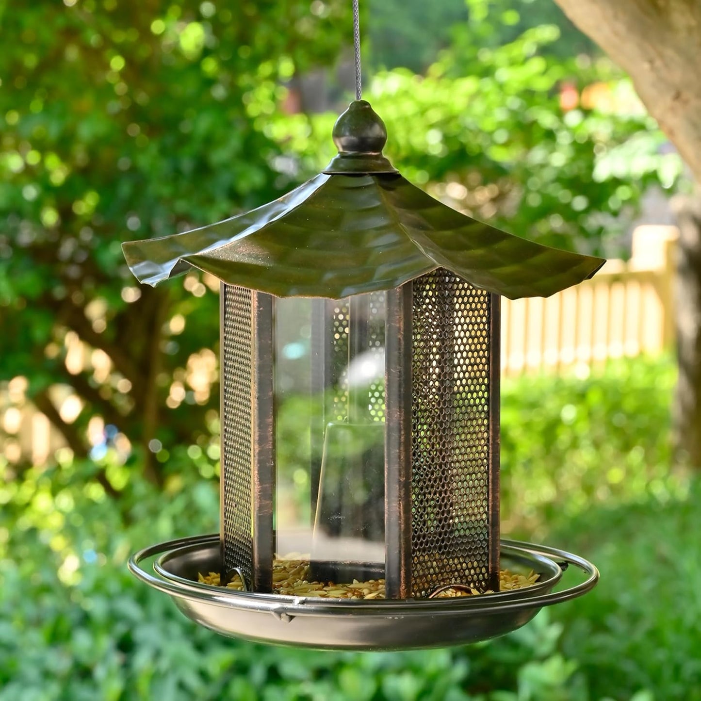 CVHOMEDECO. Bird Feeders for Outdoors Hanging Metal Bird Feeder for Wild Bird, Garden Yard Outside Decor. Hexagon Shaped with Roof, Antique Copper