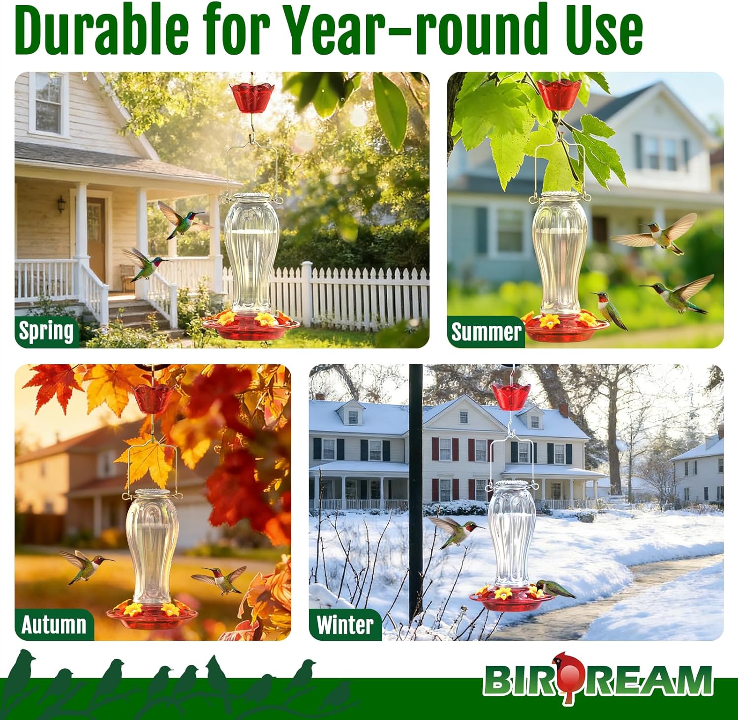Birdream Glass Hummingbird Feeder for Outdoors, 18oz Hanging Nectar Ho
