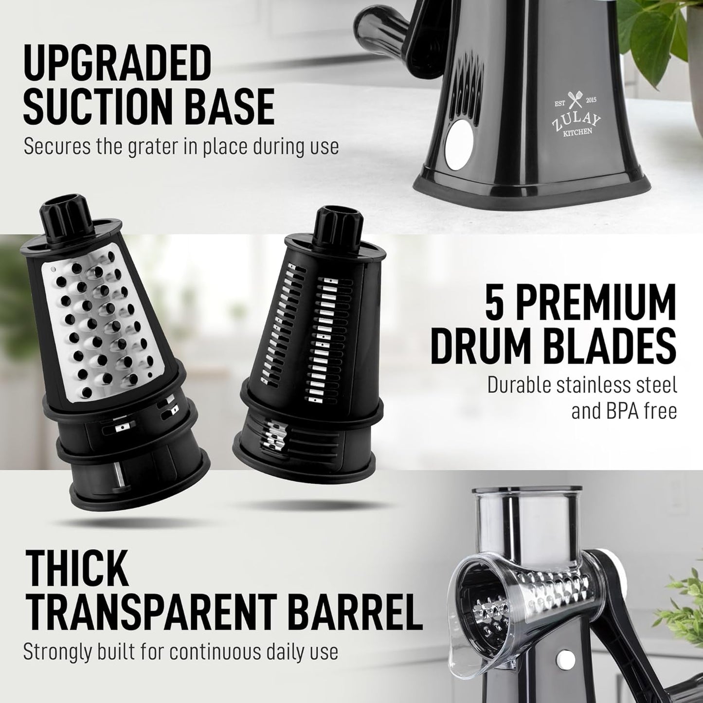 Zulay Kitchen Rotary Cheese Grater 5 Blade Cheese Shredder - Manual Hand Crank Cheese Grater With Reinforced Suction & 5 Interchangeable Drums - Easy to Use, Vegetable Chopper Round Mandoline Slicer
