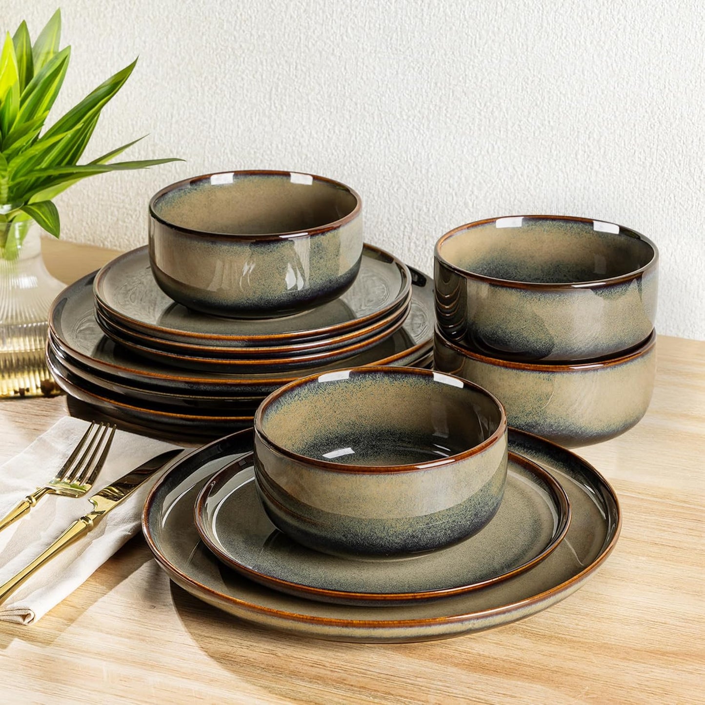 TheTerra Ceramic Dinnerware Sets for 4, 12 Pieces Handmade Reactive Gl