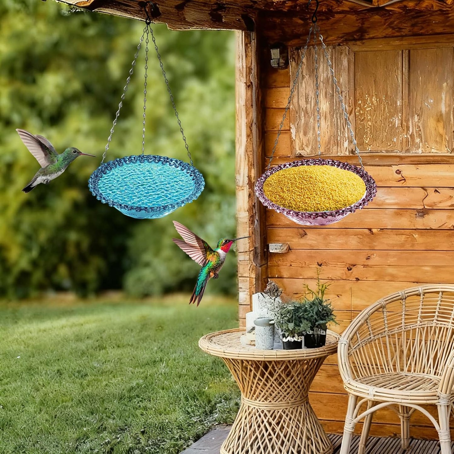 4 Pack Hanging Bird Baths Bowl Outdoor Bird Feeder 15.7 Inch Metal Chains, Weather-Resistant Hanging Bird Feeder & Bath Tray for Garden, Patio, Backyard Wildlife Decor