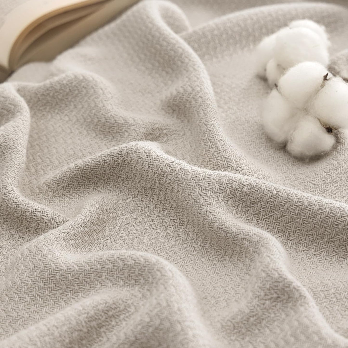 Bedsure GentleSoft 100% Cotton Blanket Queen Size for Bed - Breathable and Lightweight, Soft Cozy Textured Herringbone Woven Blanket for Summer Spring, Linen Beige, 90x90 inches