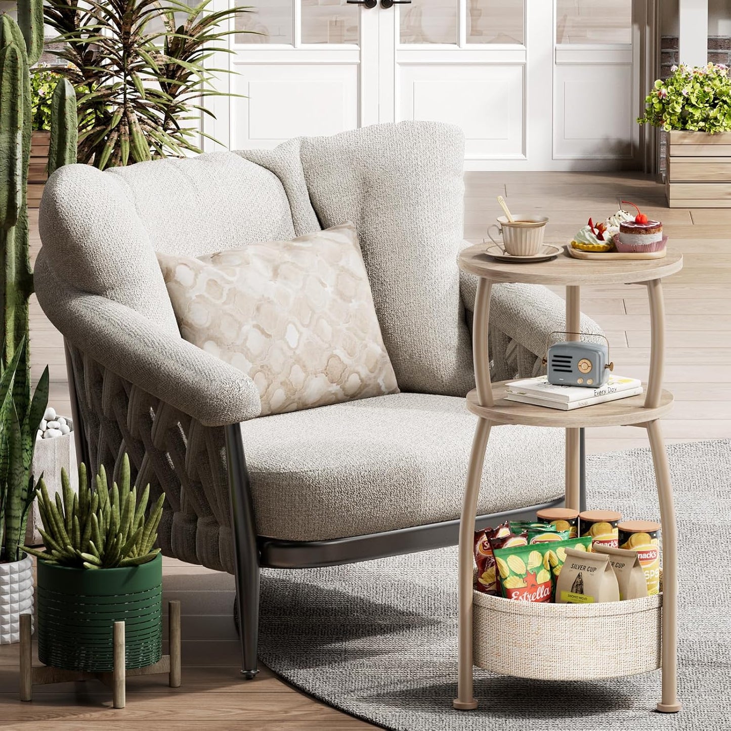 Small Side Table with Storage Basket, Space Saving Round End Table 3-Tier Bedside Corner Table for Living Room, Bedroom, Garden and More 11.81in Light Oak