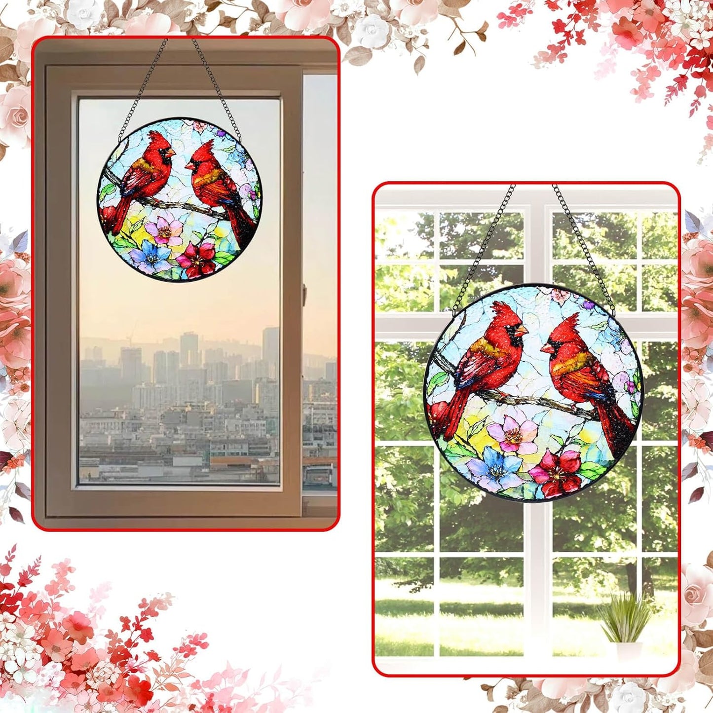 Stained Glass Window Hanging, 8 in Cardinal Sun Catchers, Diamond Glas