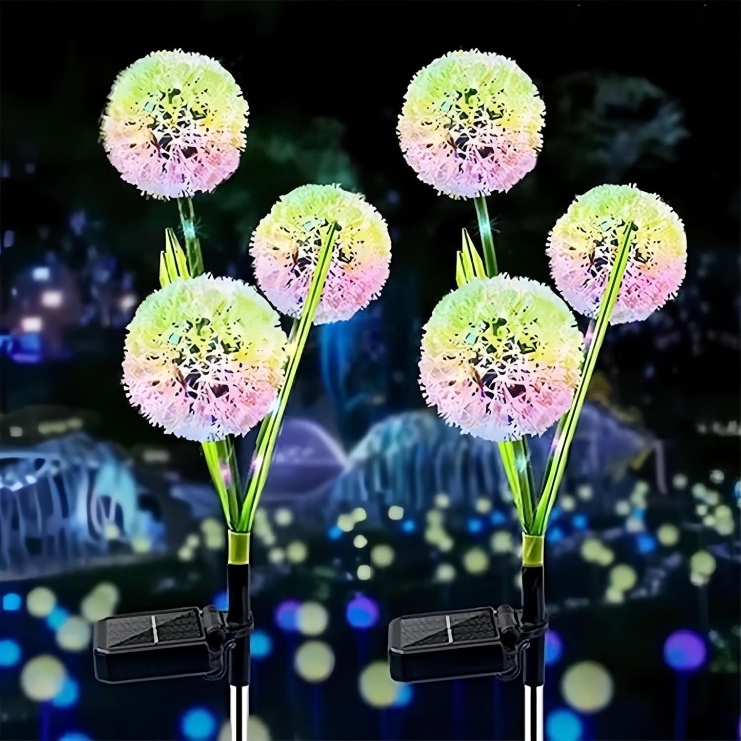 Dandelion Solar Garden Lights, 3-Head 2-Pack - Upgraded Outdoor Flower Lights, Color-Changing Waterproof Solar Outdoor Lights, Suitable for Pathways, Gardens, patios, backyards, Parties (Colored)