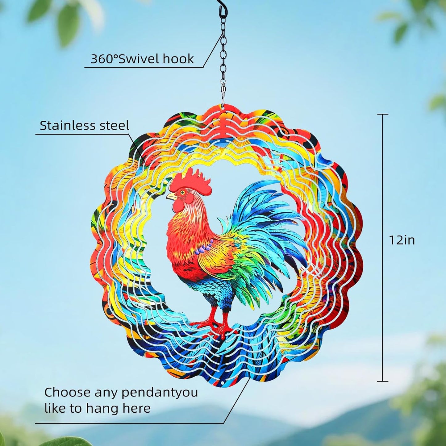 Chicken Wind Spinners Outdoor,12 inch 3D Hanging Wind Spinner Garden Decor Rooster Gifts for Women Men,Metal Wind Catchers Kinetic Sculpture for Outdoor Silhouette,Yard Art,Porch,Patio Decoration