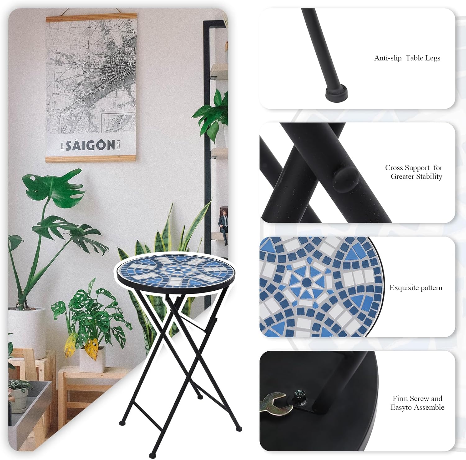 VCUTEKA Mosaic Outdoor Side Table, Patio Side Tables with 14" Ceramic 
