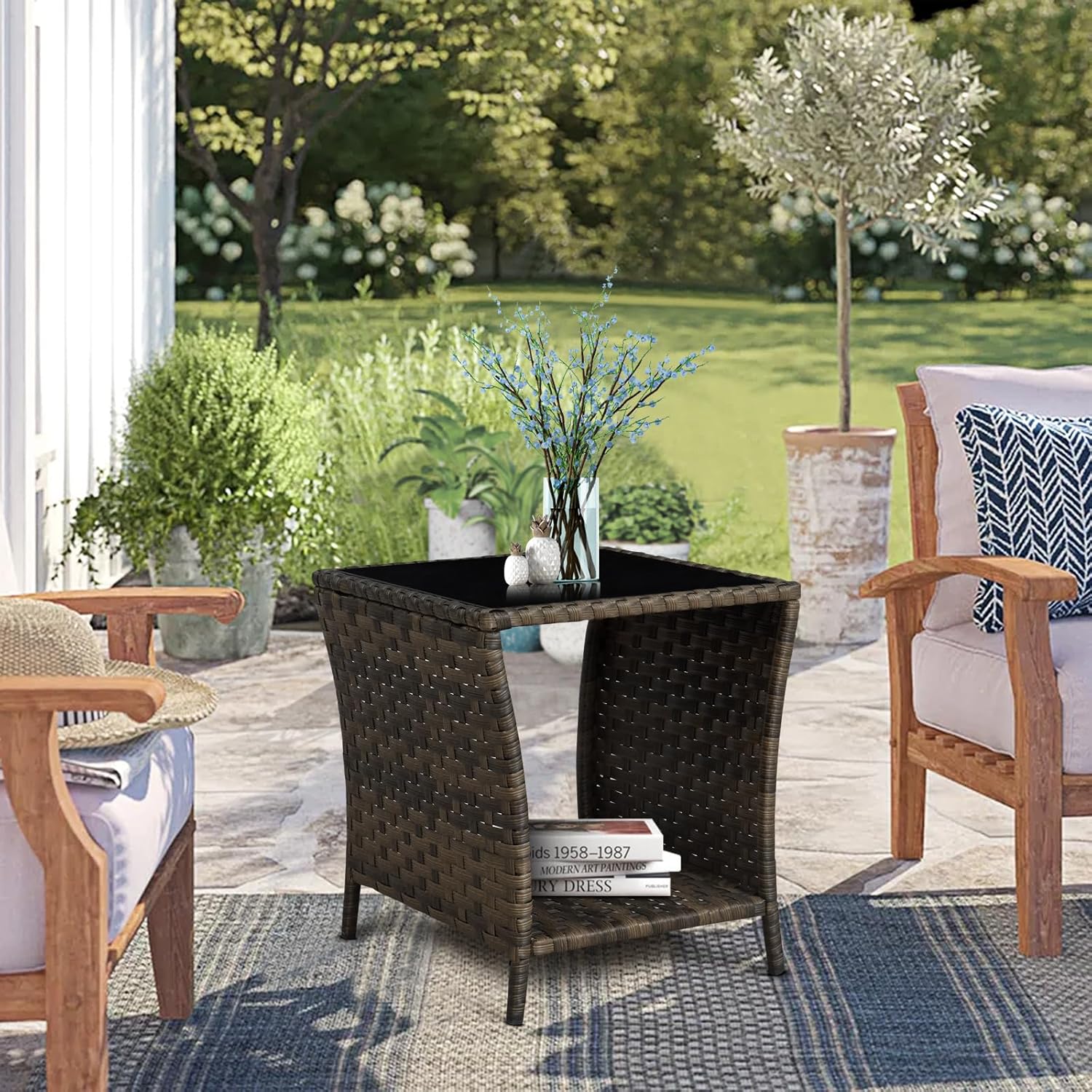 Outdoor Wicker Side Table Rattan Side Tables End Table for Patio with 