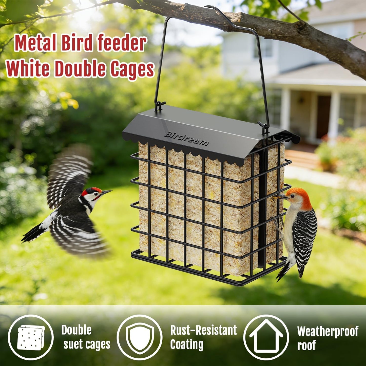 Birdream Double Suet Feeders for Outside Hanging Bird Feeder with Weatherproof Roof Holds 2 Suet Cakes Bird Cage for Outdoors Attract Woodpeckers Goldfinches Chickadees 1-Pack Black
