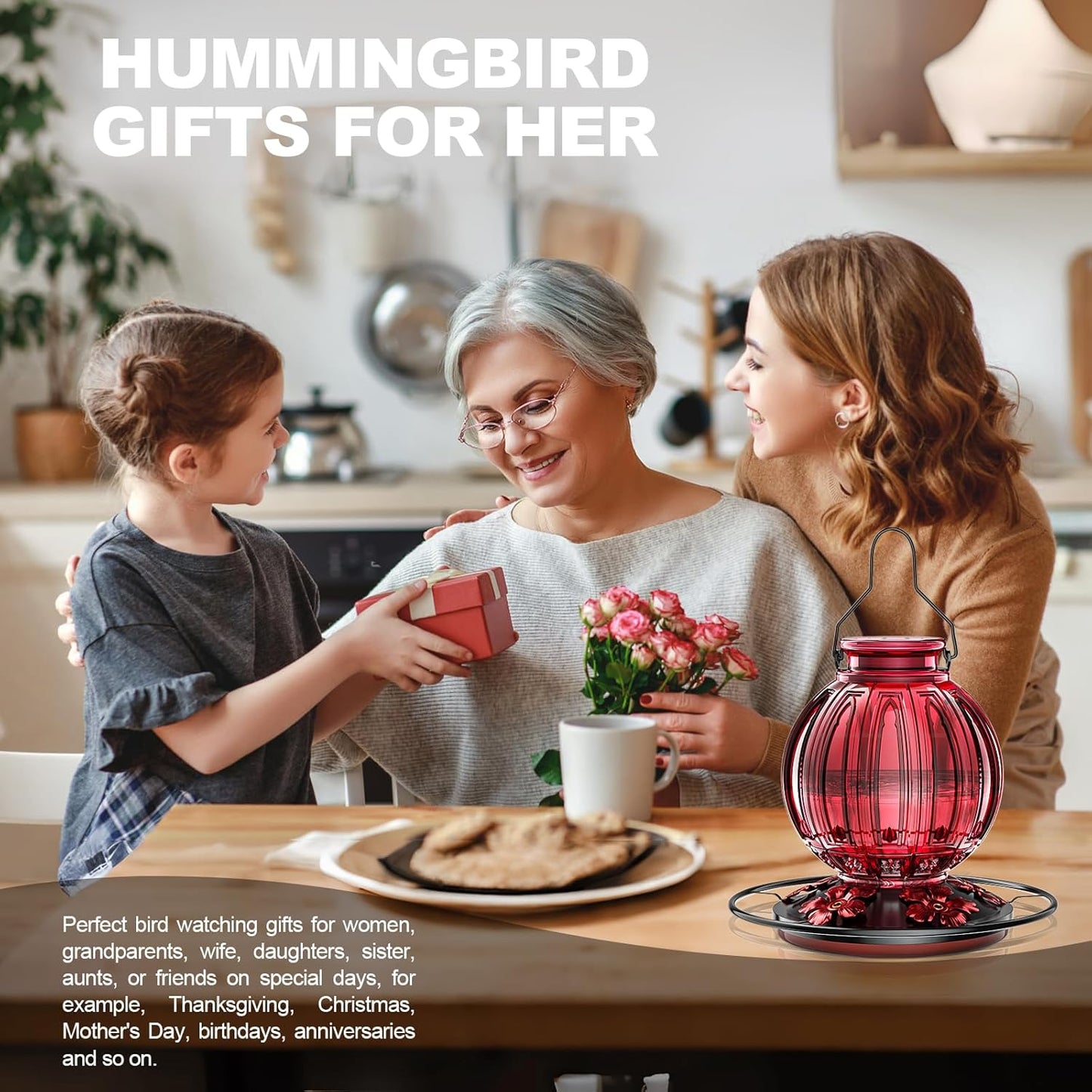 Glass Hummingbird Feeder for Outdoors Hanging, 26Oz Bird Nectar Feeder