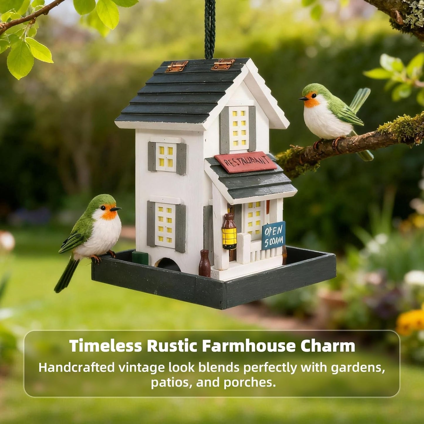 MEWANG Nature's Elegance Bird Feeder - Wooden Bird House, Exquisitely Crafted, Beautifully Decorative & Hang for Backyard Wildlife(White)