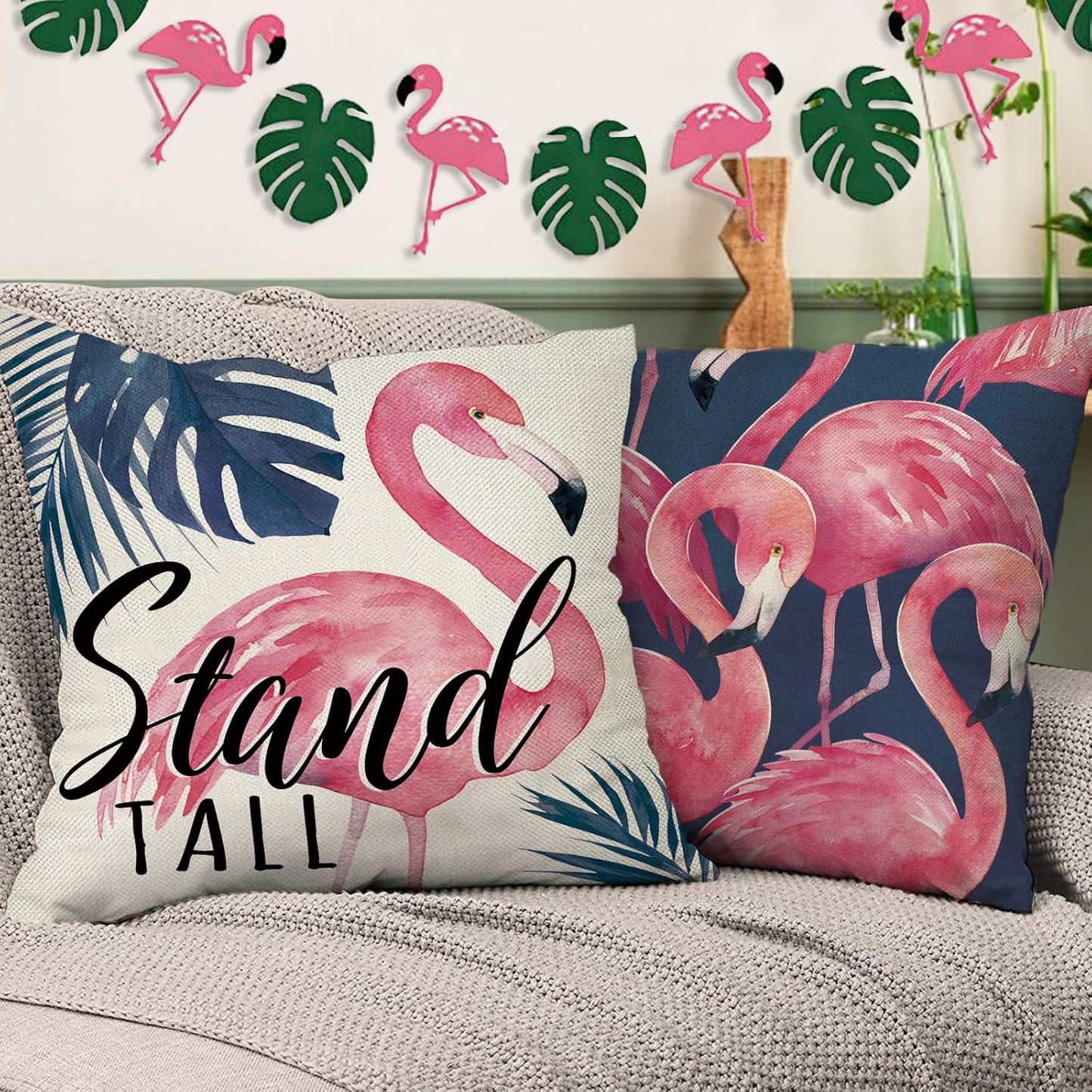 Flamingo Tropical Decorative Throw Pillow Covers 20 x 20 Set of 4, Hawaii Monstera Palm Leaves Stand Tall Porch Outdoor Home Decor, Let's Get Flocked Up Plant Couch Cushion Case