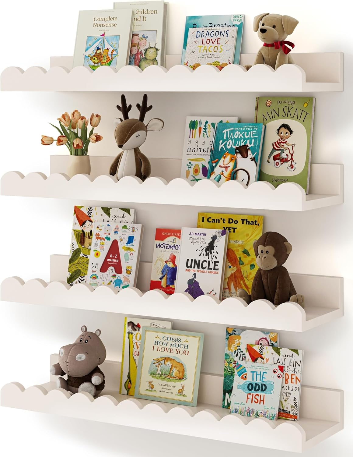Shario Nursery Book Shelves, 4-Pack White Floating Shelves for Wall Ki