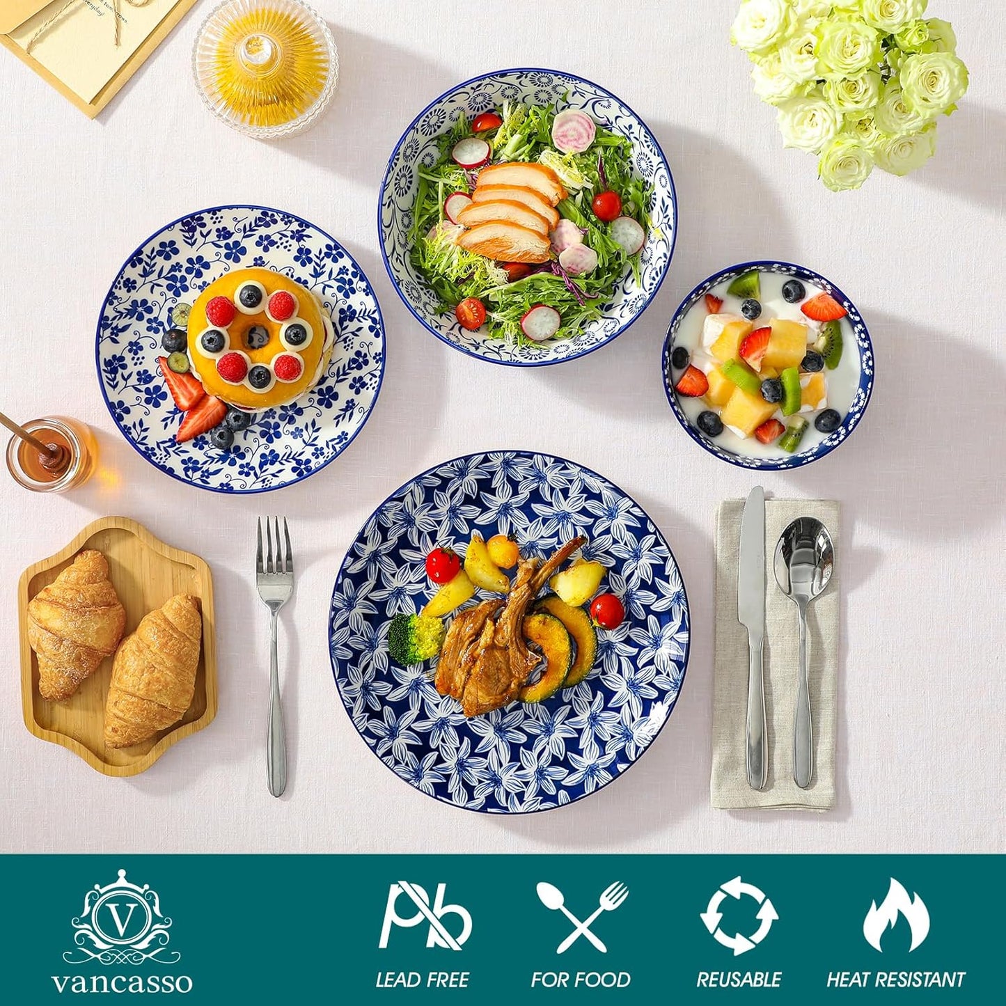 vancasso SELENE Plates and Bowls Set for 6, 24 Pieces Dinnerware Sets,