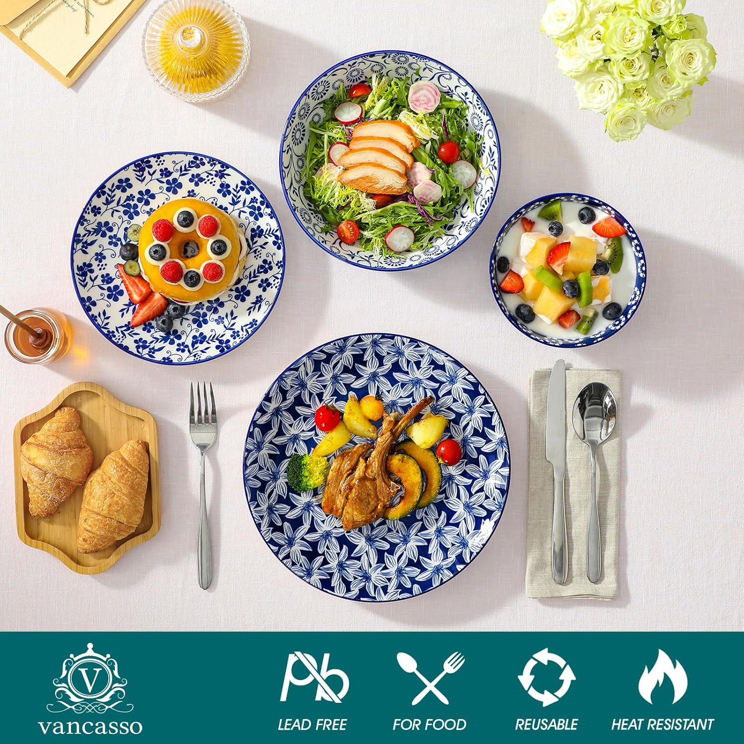 vancasso SELENE Plates and Bowls Set for 6, 24 Pieces Dinnerware Sets,