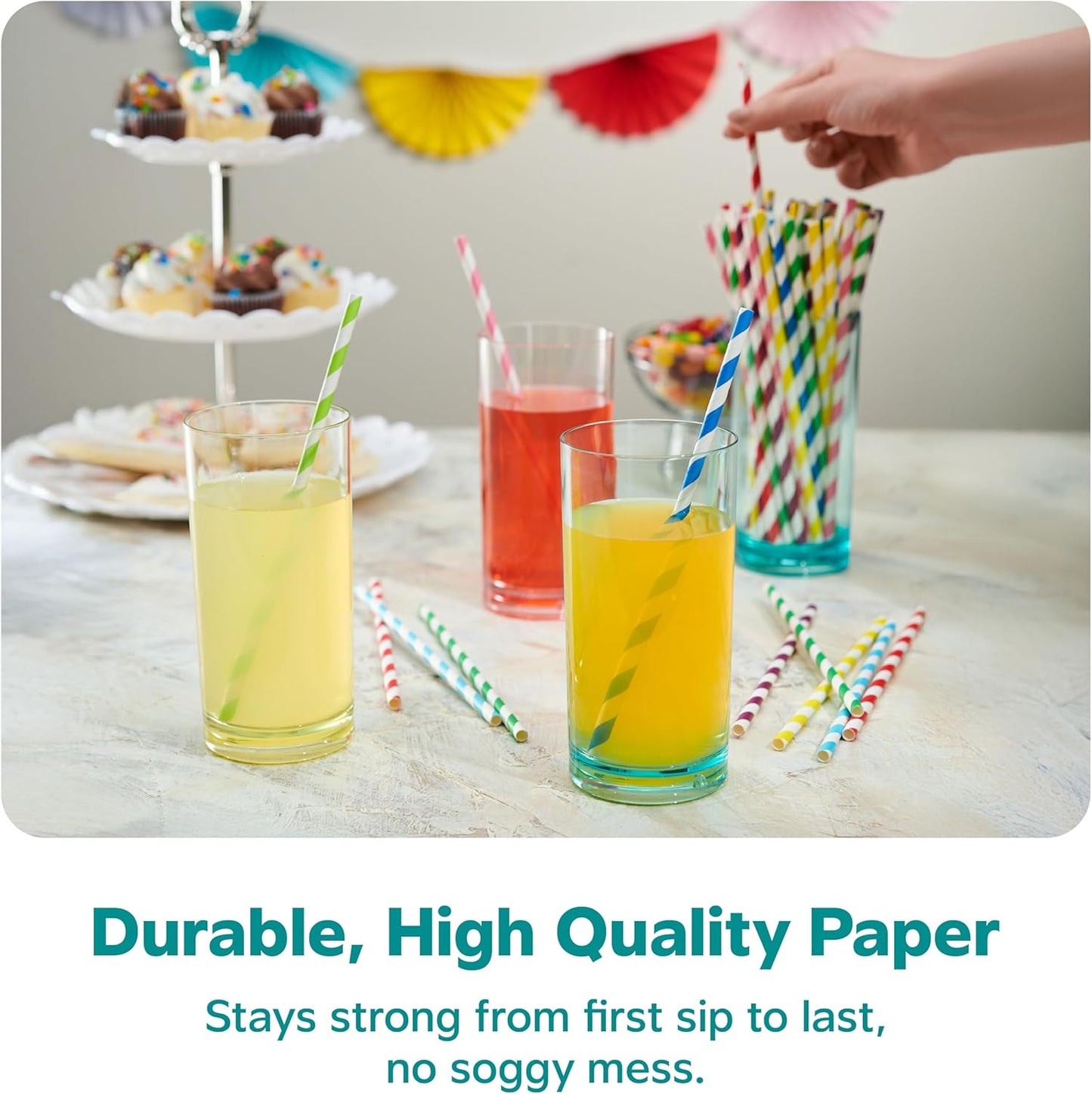 GUSTO [200 Pack] Striped Paper Drinking Straws – Sturdy & Non-Soggy – 100% Biodegradable, Food-Safe Ink, and Multi-Layered for Long-Lasting Use – Vibrant Assorted Colors (Formerly Comfy Package)