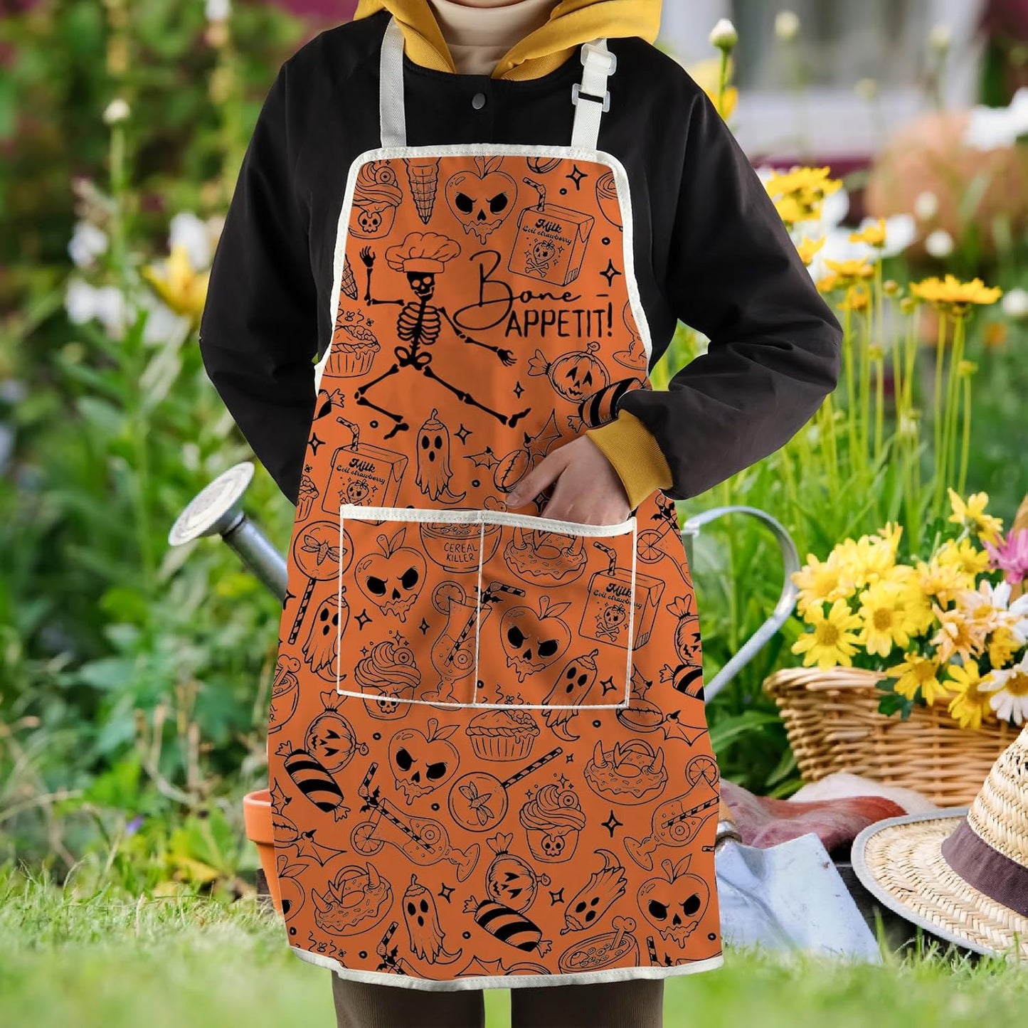 WCGXKO Bone Appetit Skeleton Halloween Kitchen Apron Halloween Cooking Gift Spooky Chef Gift for Chef