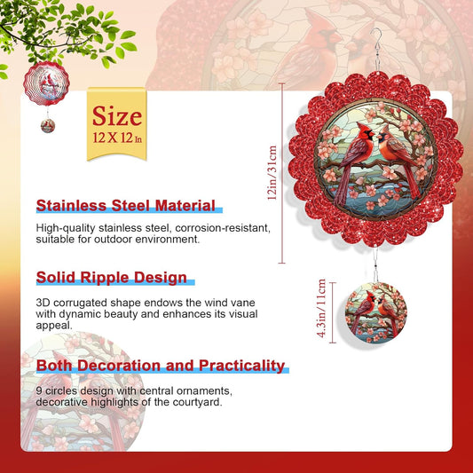 Red Cardinal Wind Spinner, 12 Inches 3D Stainless Steel Cardinal Garden Decor Yard Art, Cardinal Gifts for Women Outdoor Ornaments Outside Patio Decorations