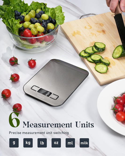 Food Scale, 11lb Digital Kitchen Scale with 6 Units LCD Display and Tare Function,Compact Design for Baking,Healthy Cooking,Meal Prep, 304 Stainless Steel