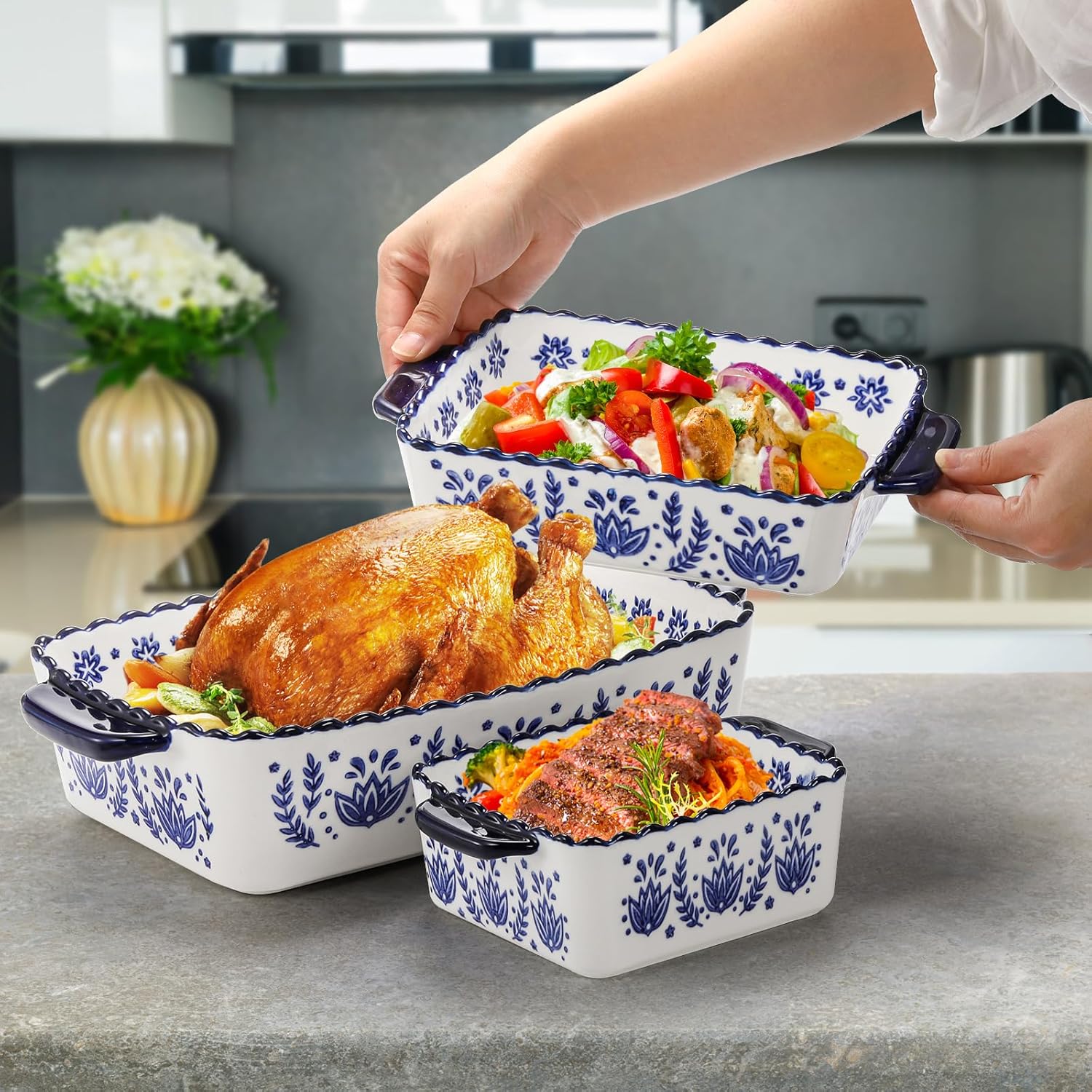 SOUJOY 3 Pack Porcelain Bakeware Set, Rectangular Baking Dishes, Lasag