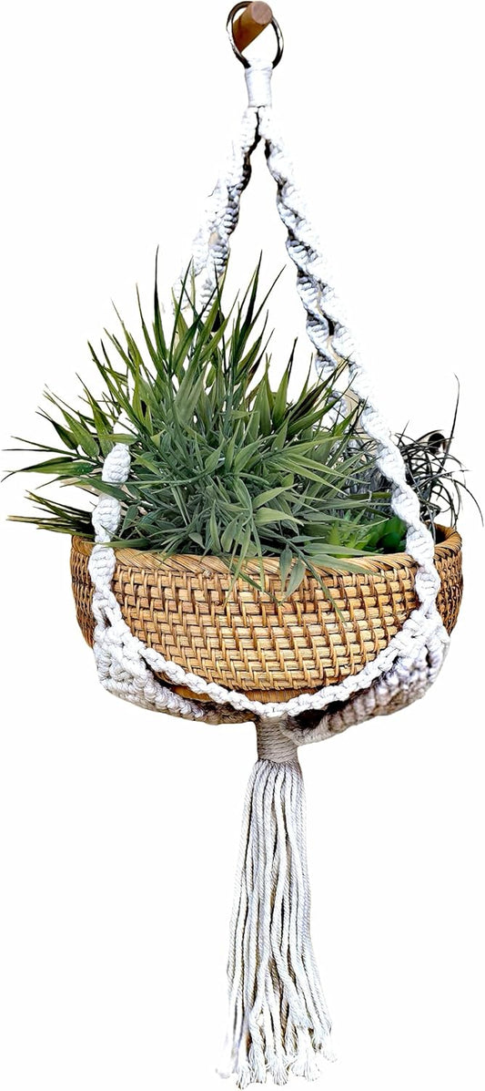 Boho Hanging Rattan Basket - 8.7” Woven Plant Hanger for Dried Flowers & Greenery - Decorative Macrame Wall Basket for Indoor Home Decor - Handmade Wicker Storage for Farmhouse, Living Room