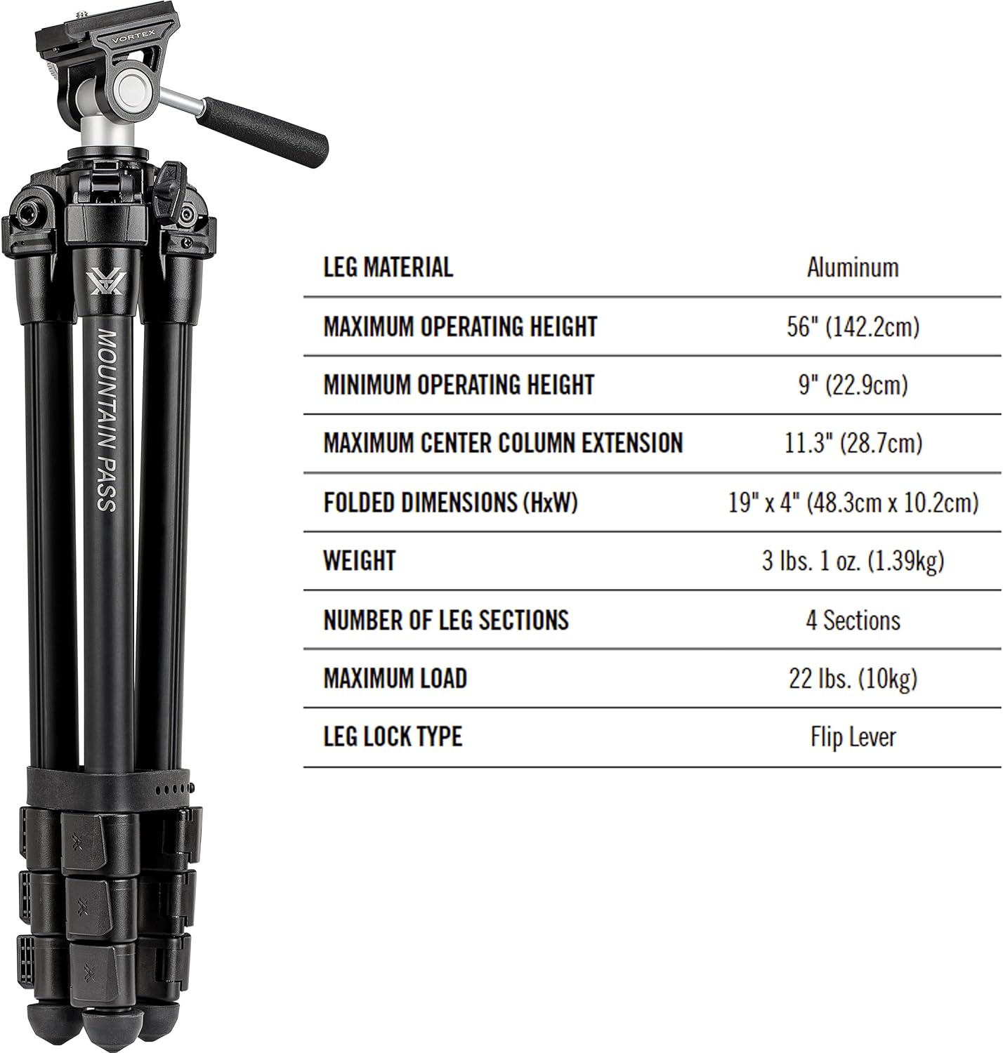 Vortex Optics Mountain Pass Tripod Kit - 2-Way Pan Head, 22 lb Max Loa