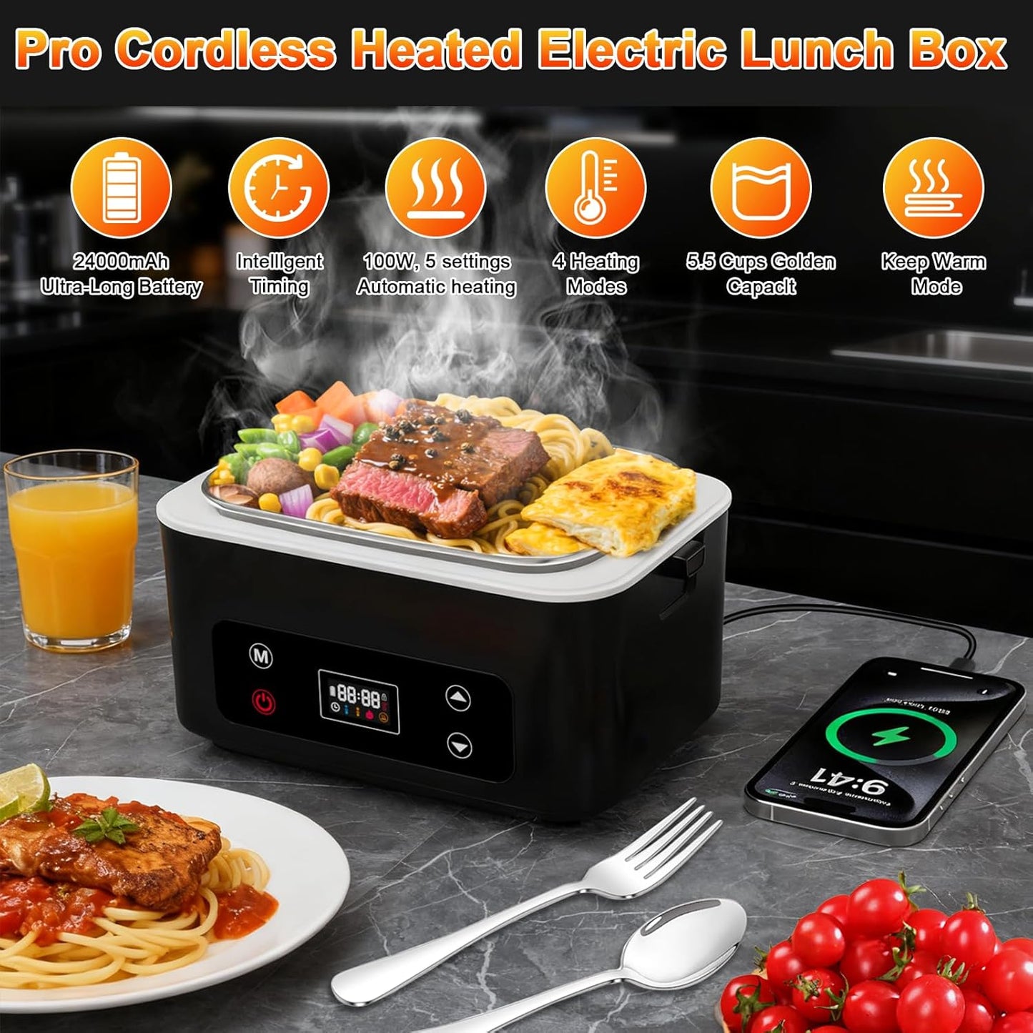 Heated Lunch Box,Electric Lunch Box,Pro 24000mah,Lunch Box Battery Powered, 5.5 Cups Portable Food Heater-3D-5 Side Heating-Intelligent Temperature Control,Suitable For Trucks,Offices(Black/White)