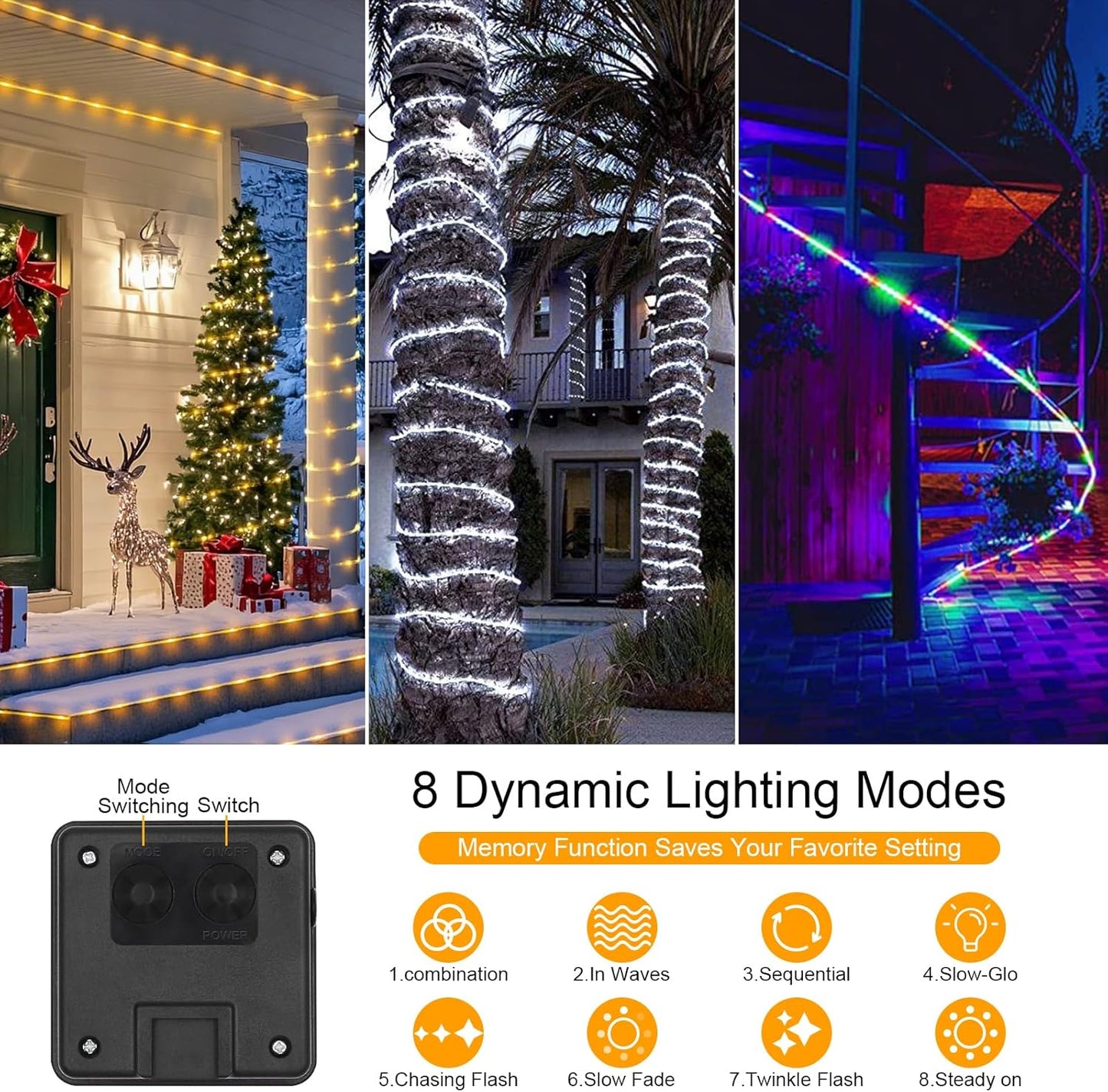 Total 66FT 200LED Solar Rope Lights Outdoor Waterproof, White Solar Powered Fairy Lights with 8 Modes, Flexible Solar String Lights for Garden, Patio, Camping, Christmas Decor-2 Pack