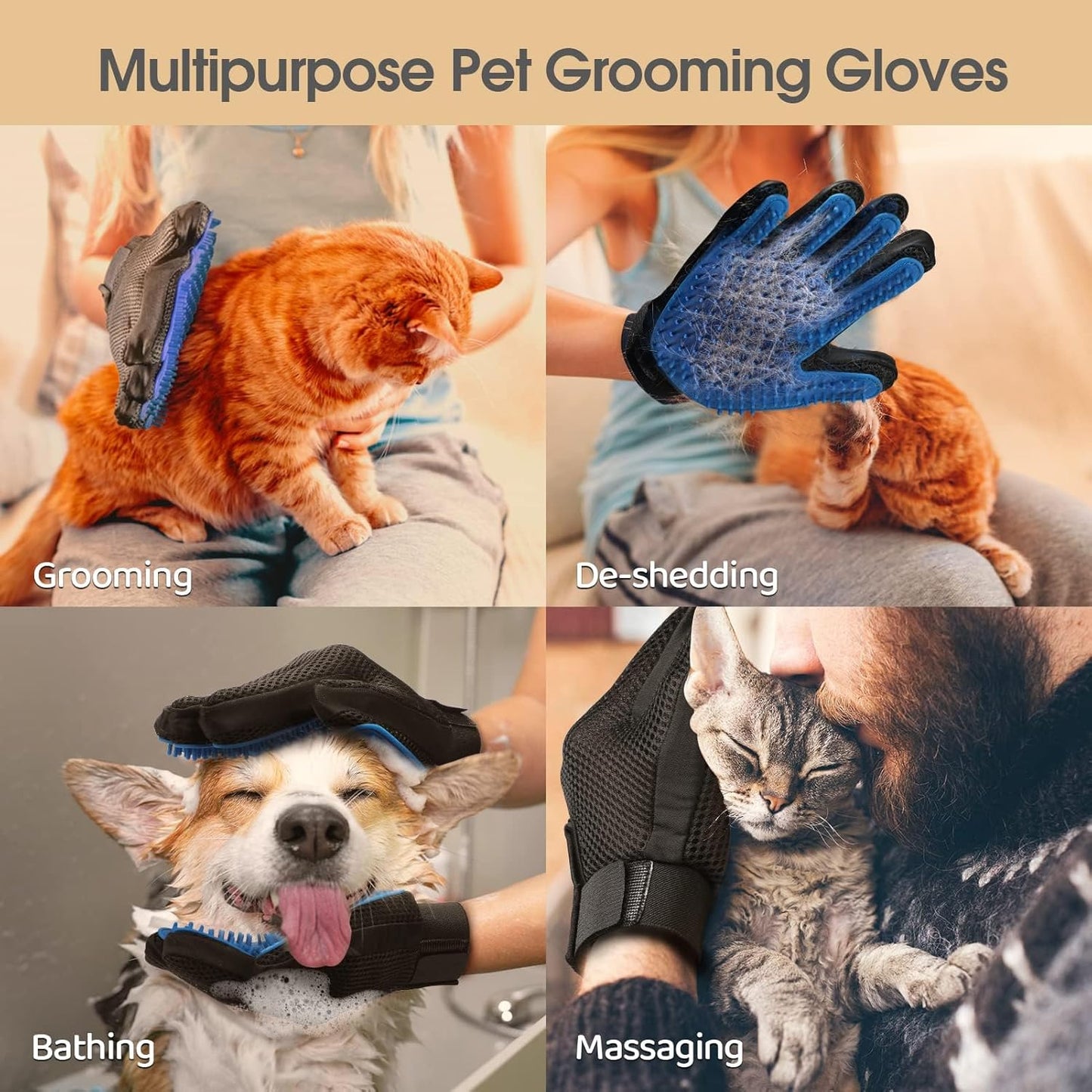Upgrade Efficient Pet Hair Remover Gloves - Gentle Shedding Brushes fo