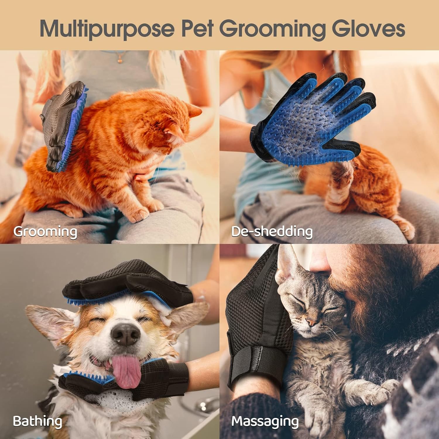 Upgrade Efficient Pet Hair Remover Gloves - Gentle Shedding Brushes fo