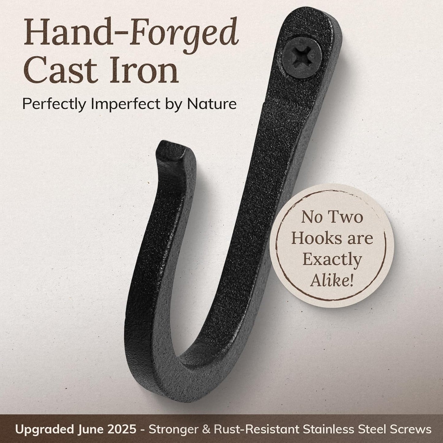 Railroad Spike Cast Iron Hooks (10 Pack) Handmade Blacksmith, Wall Mounted Farmhouse Decorative Hooks, PowderCoated for Interior or Exterior Use, Rust Proof for Hanging Coats, Bags or Pots (Black)