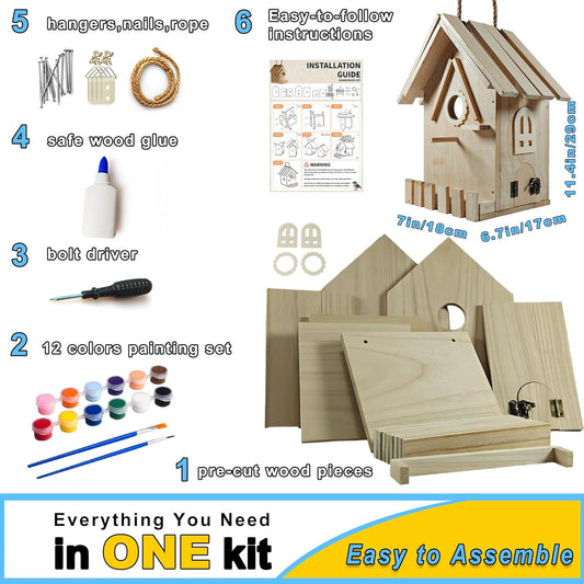 Wooden Bird Houses Kit for Kids and Adults, DIY Craft for Adults with Paint Set, Art Craft Outdoor Birdhouse, Hanging Birdhouse for Garden Yard Decor (1 Pack)