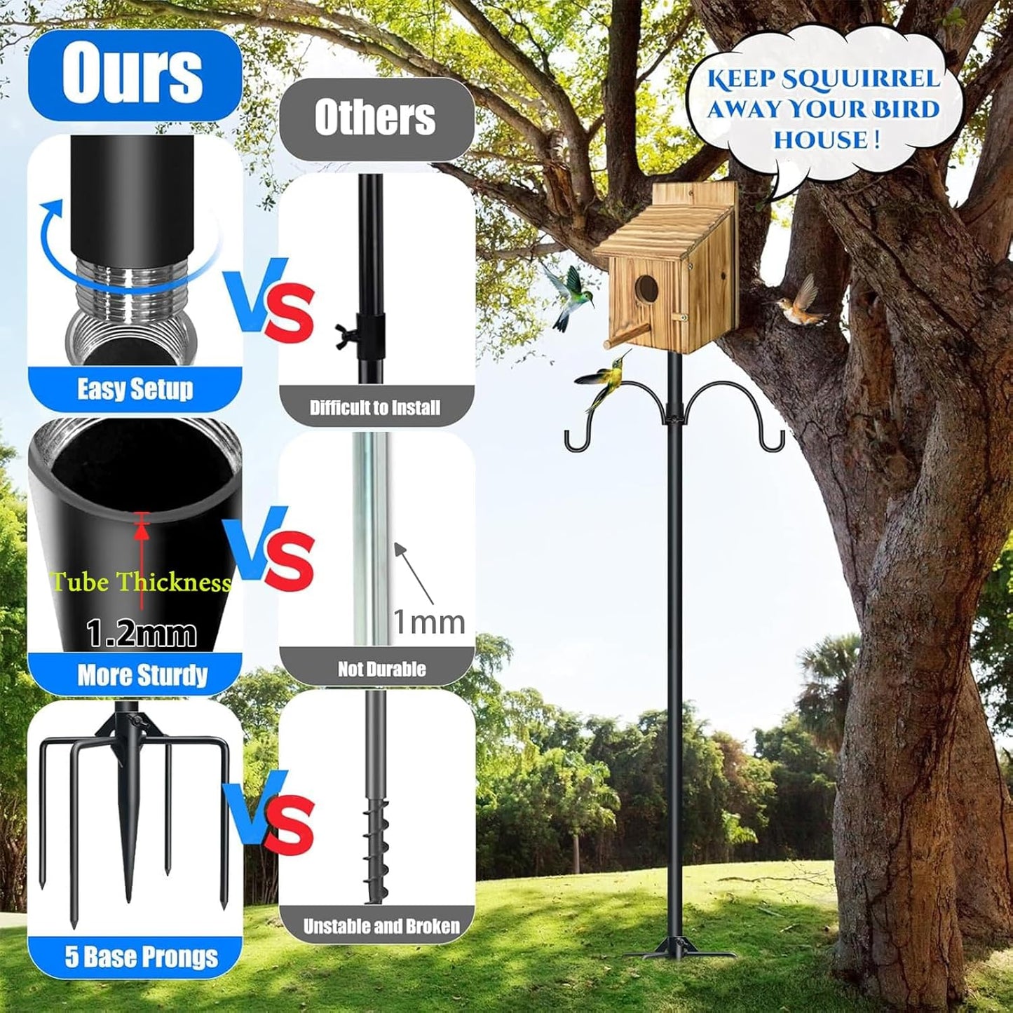 QwayHome 92Inch Smart Bird Feeder Pole, Bird House Pole Mount Kit for Outdoor Smart Bird Feeder & Wooden Birdhouse & Weather Station, 1Inch Dia Poles, with 5-Prong Base, 2Pc Shepherd Hook
