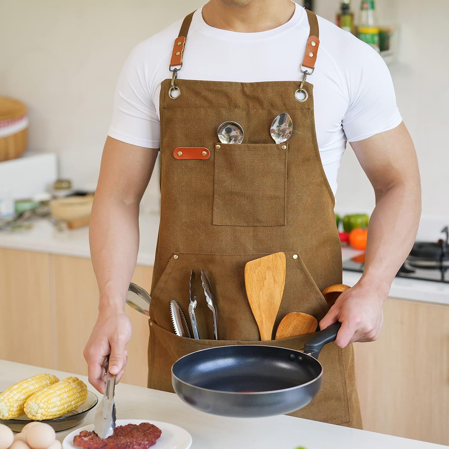 Canvas Aprons for Men Chef Apron, Work Apron with Large Pockets - 16oz