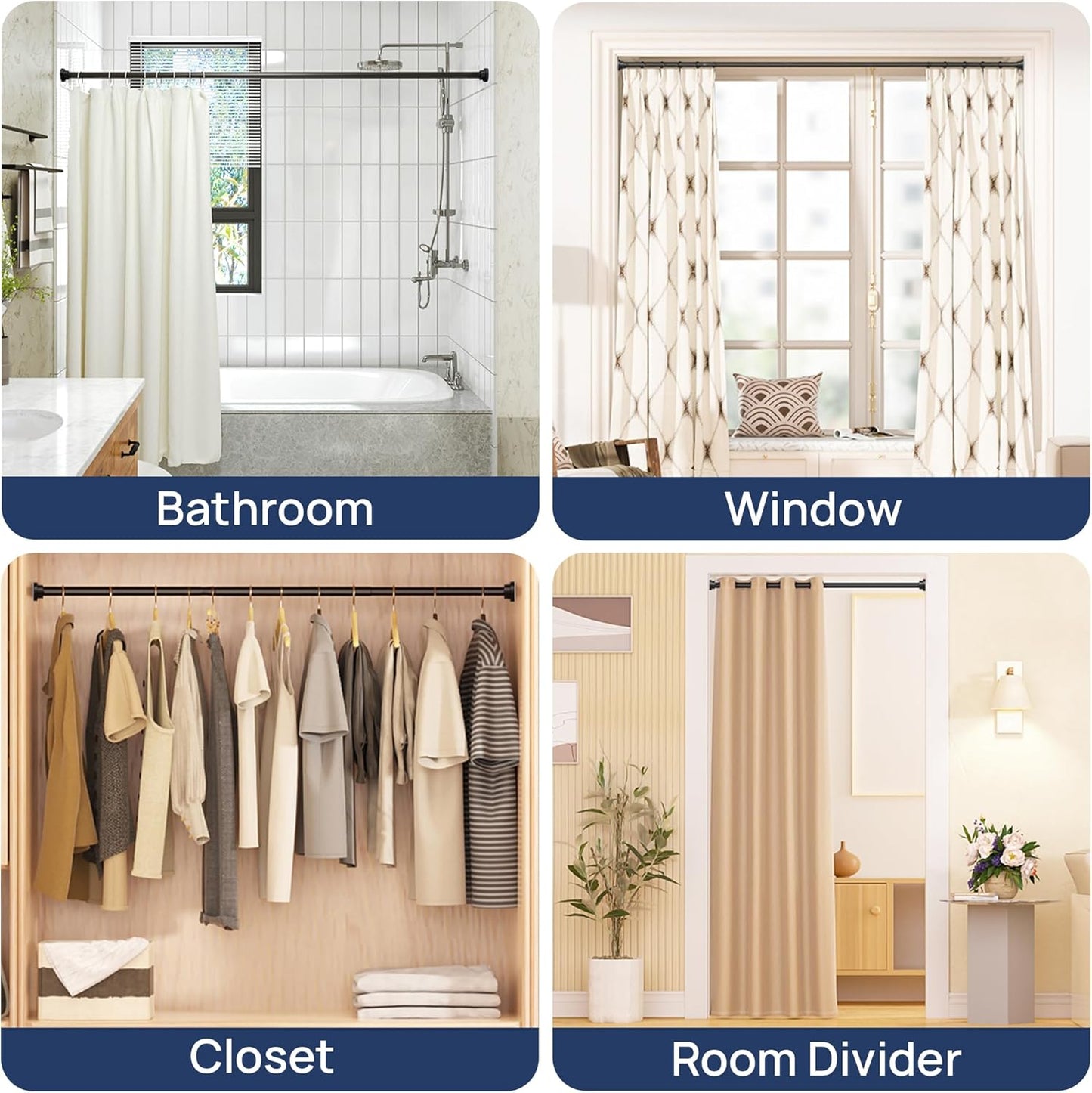 ENJOYBASICS 2 Pack Adjustable Spring Tension Curtain Rods 32 to 66 Inches, Stainless Steel Matte Black Shower Rod No Drilling for Window, Bathroom, Closet, Room Divider, 7/8" Diameter