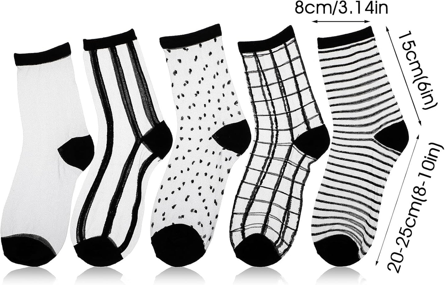Lusofie 5 Pairs Sheer Black See-Through Socks - Checkered Dot Striped 