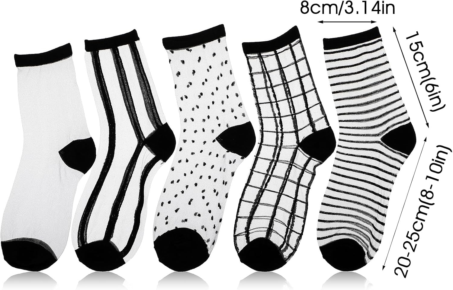 Lusofie 5 Pairs Sheer Black See-Through Socks - Checkered Dot Striped 