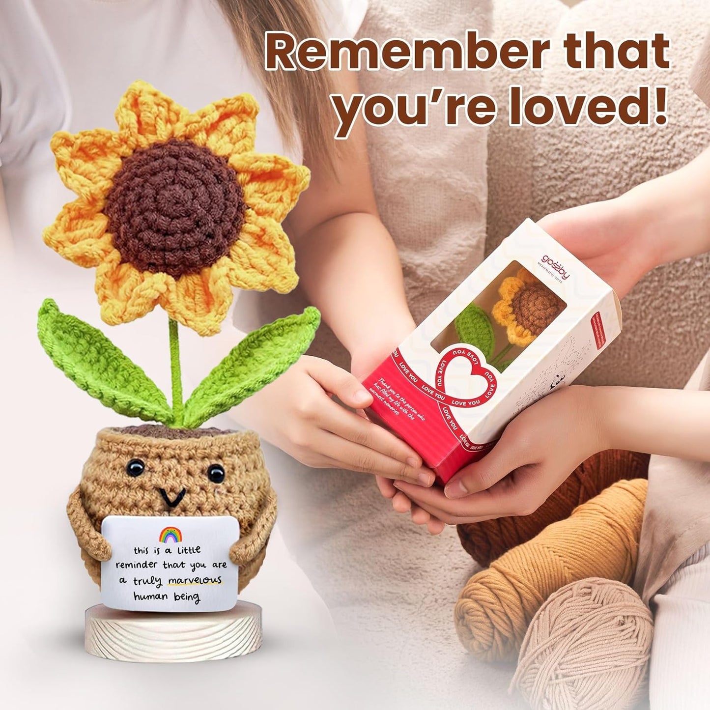 Gossby Positive Sunflower Doll Crochet with Card - This is A Little Reminder - Appreciation Gift for Coworker, Best Friend, Teacher, Sister, Mom - Christmas, Birthday, Thank You Gift for Women, Men
