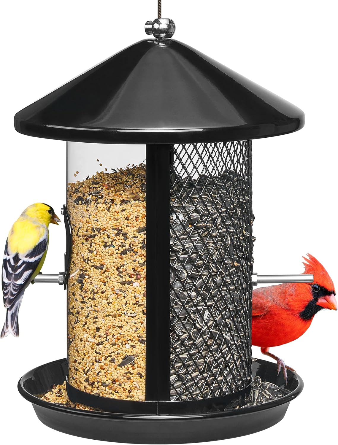 Kingsyard Metal Bird Feeder for Outdoor Hanging - Weather Resistant Chew-Proof Wild Bird Feeder with Dual Chamber of 4 lbs Capacity for Mixed Seeds, Black