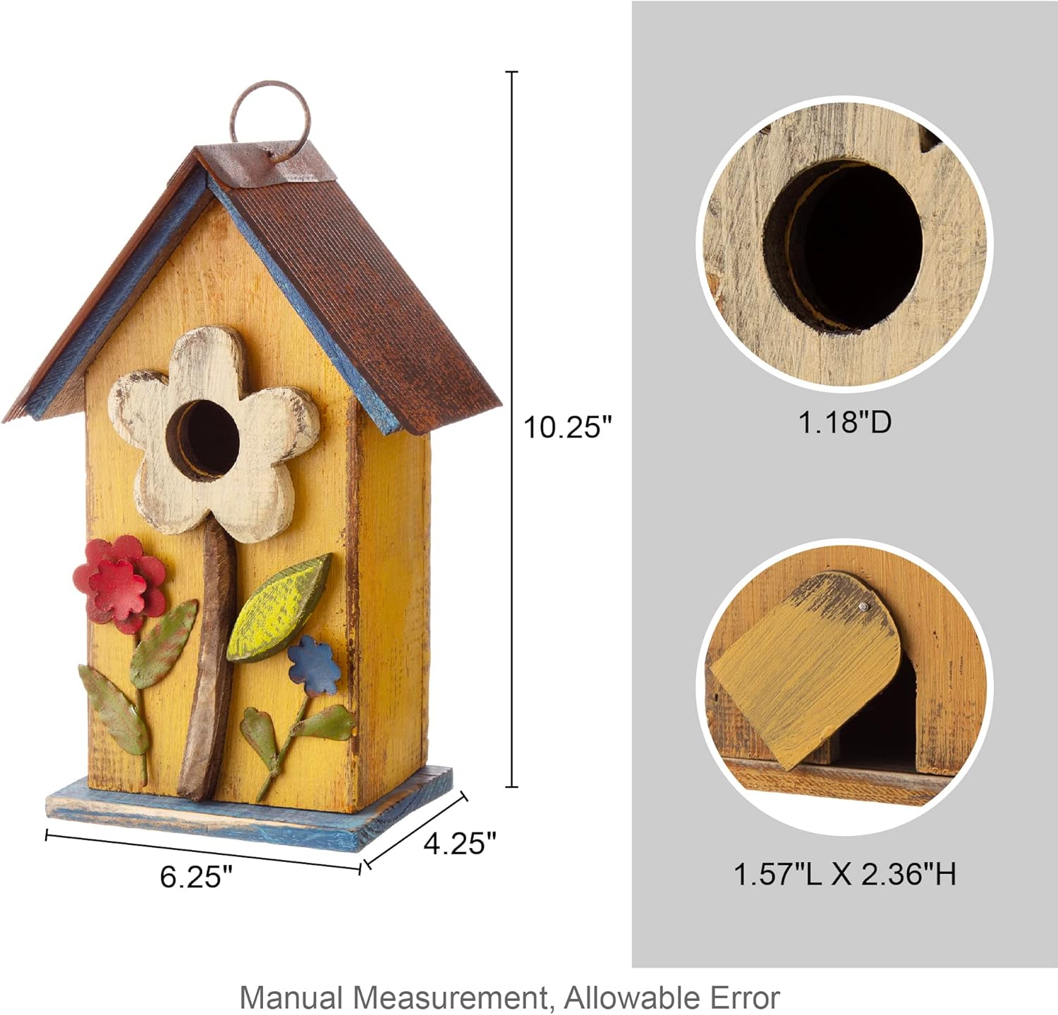 10.25''H Hanging Birdhouse Washed Yellow Distressed Solid Wood Cottage