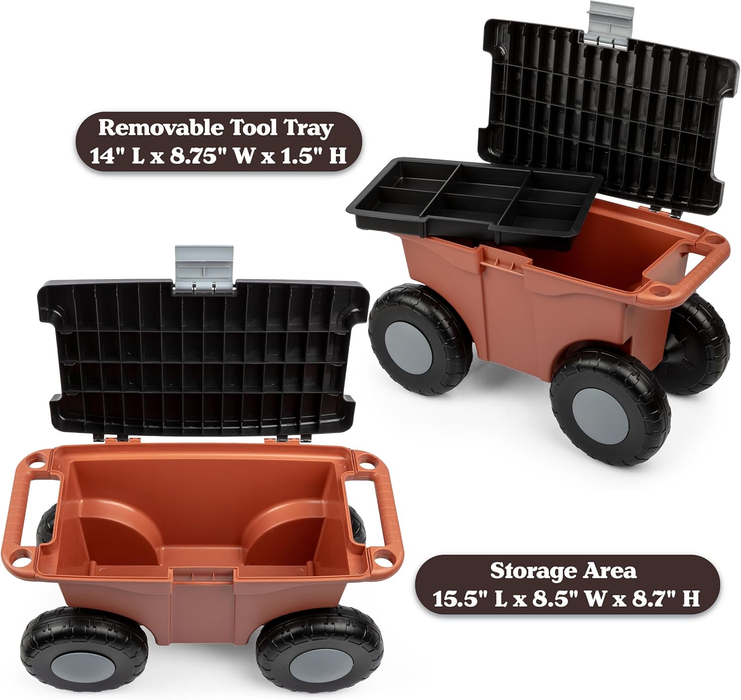 Pure Garden Rolling Garden Cart with Seat - Plastic Storage with Bench