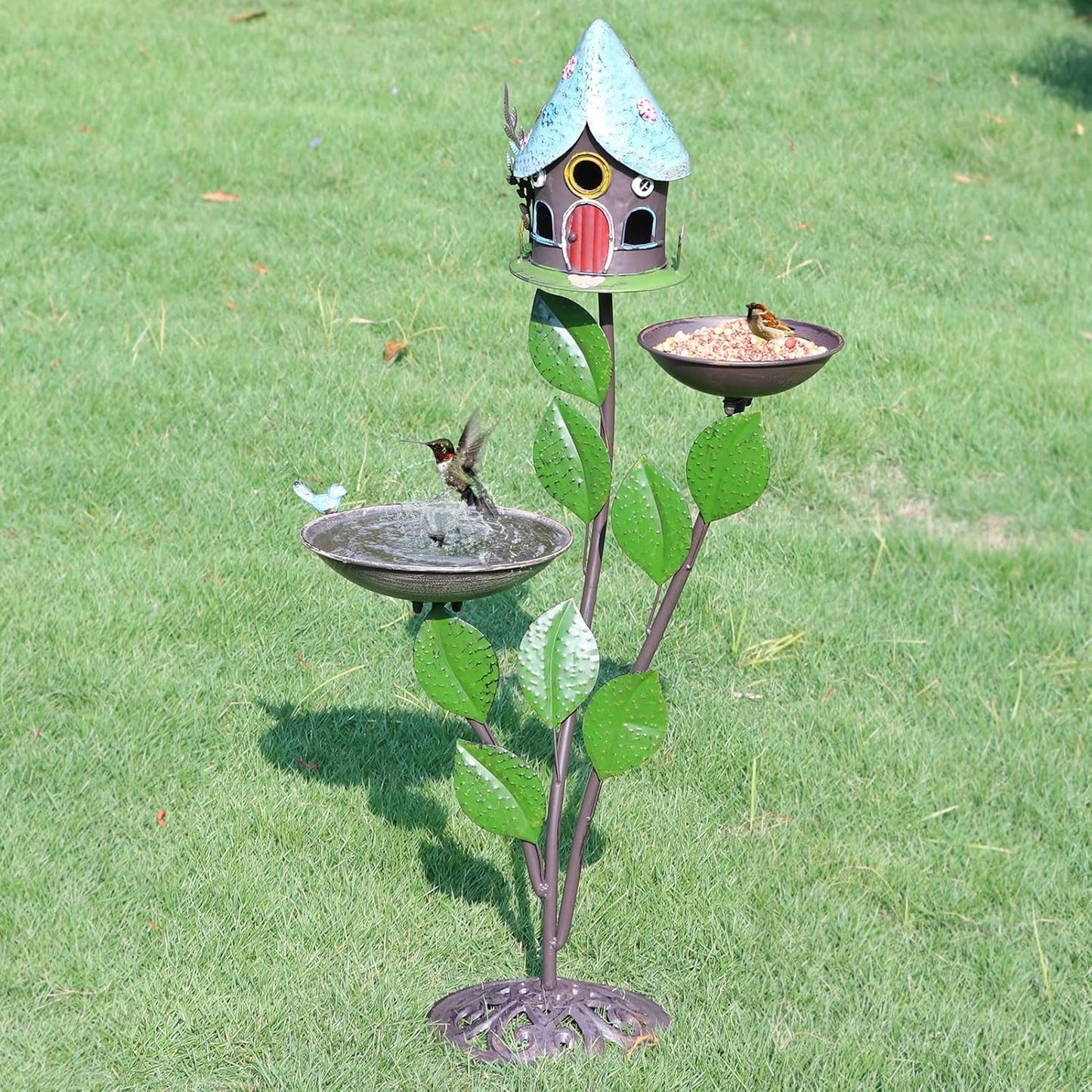 38" H Cast Iron Pedestal Bird Bath, Bird Baths for Outdoors with Metal Bird House Bird Feeder 3-in-1, Garden Yard Lawn Decor